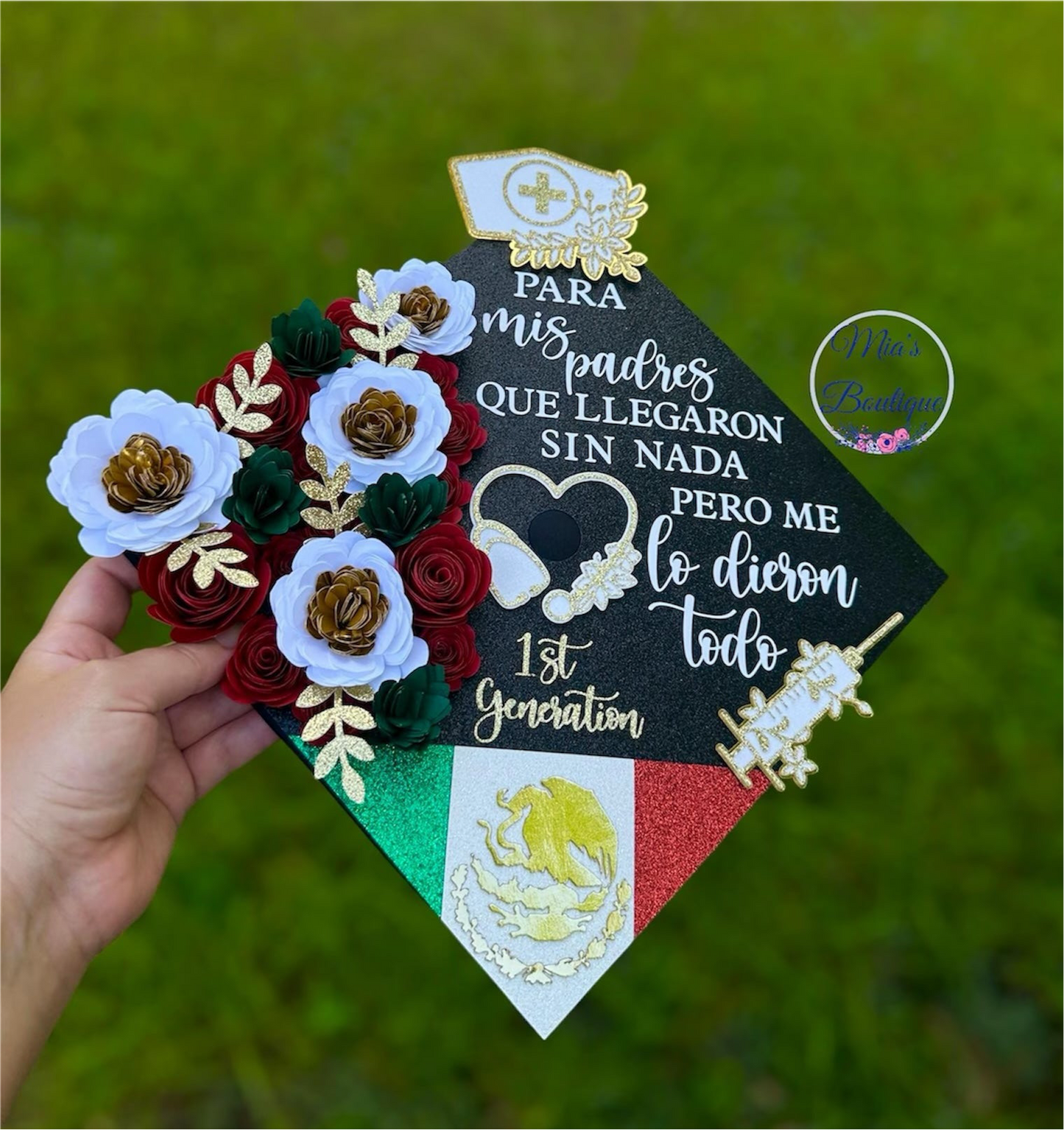 Custom Personalized Mexican Graduation Cap Topper Nurse Floral sunflowers Nurse Hat and Gold Syringe, Para Mis Padres