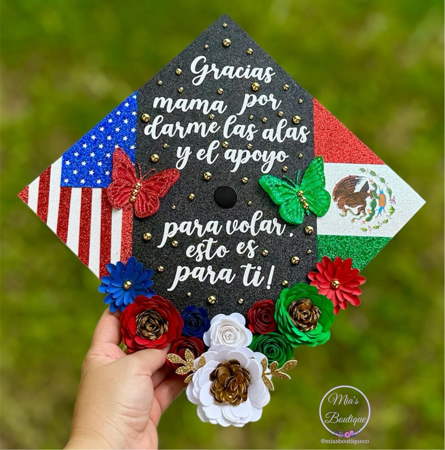 Custom Personalized Mexican Graduation Cap Topper Para mis padres with Floral Sunflower Mexico Flag Mexican Heritage Graduation Cap Para Mis Padres Message
