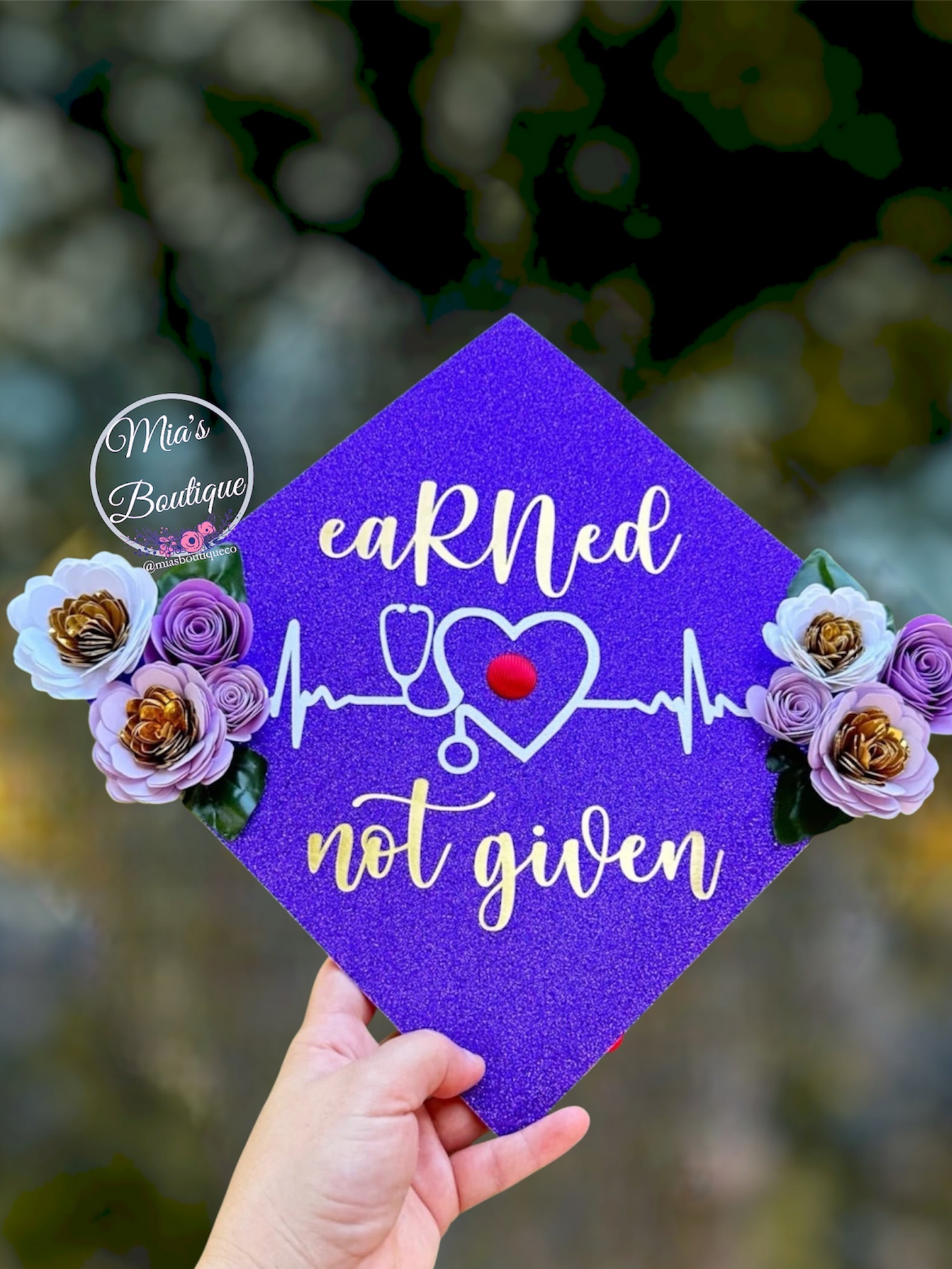 Custom Personalized Graduation Cap Topper Purple Roses flowers with gold butterflies earned not given graduation cap