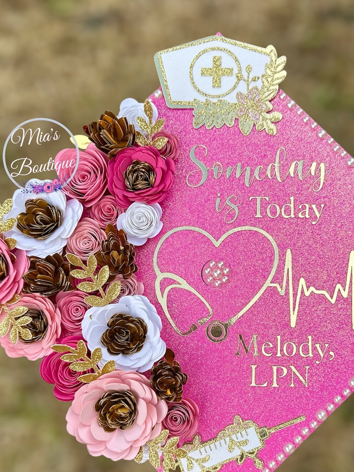 Custom personalized nurse graduation cap pink goldflowers sunflowers roses
