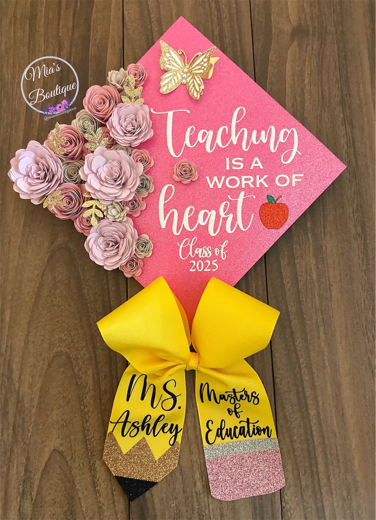 Custom Graduation Cap Topper Teacher Teaching is a work of heart Floral Pink Sunflower Gold Butterflies School Hair Bow Pencil