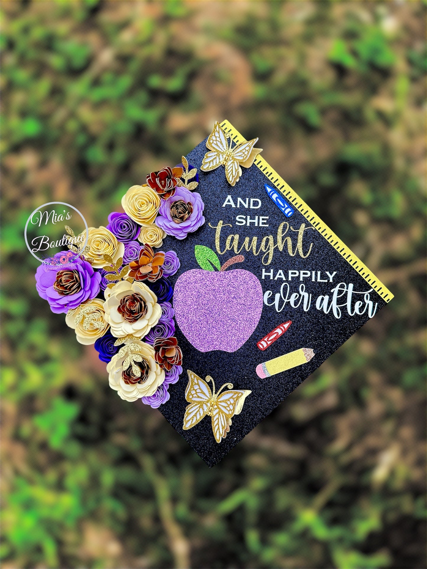 Graduation Cap Topper Teacher Purple, cream flowers