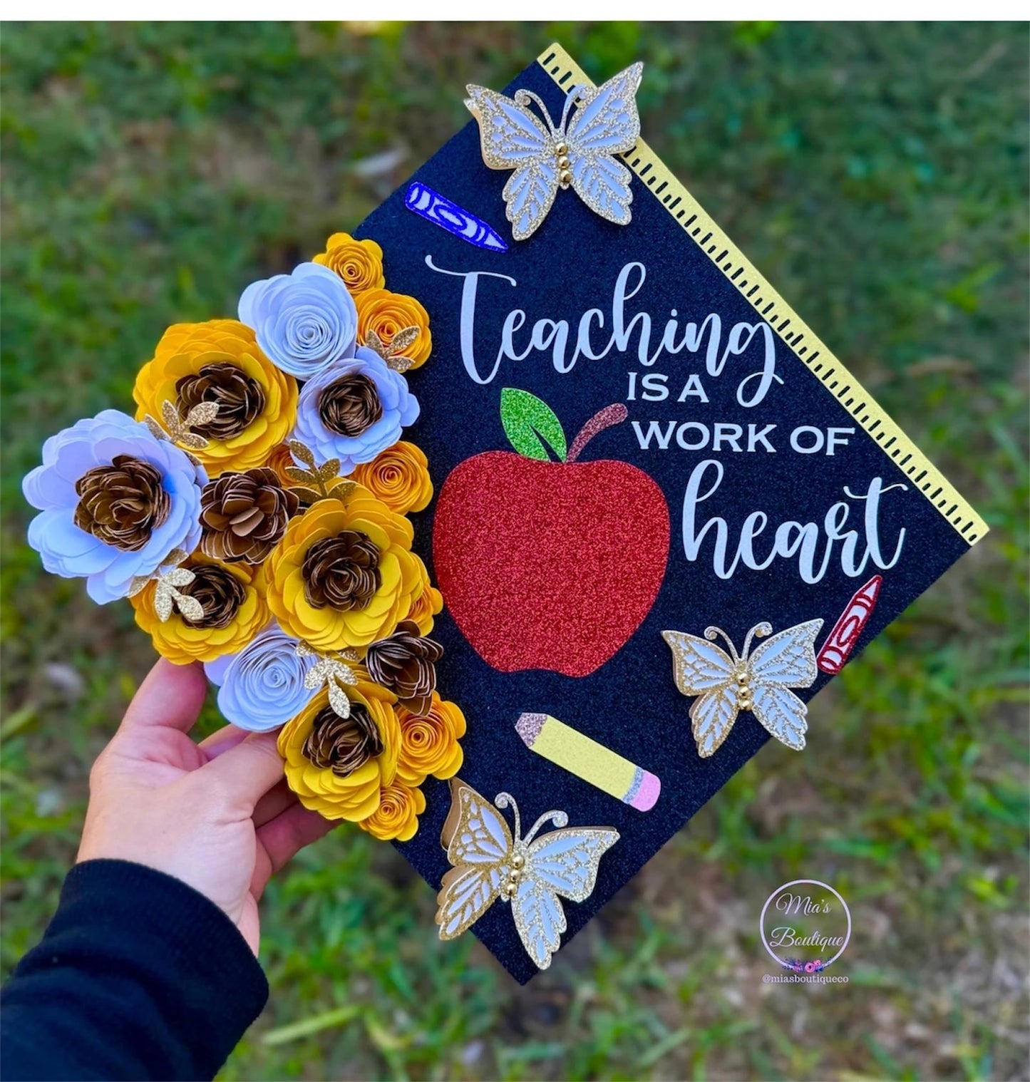 Custom Teacher Graduation Cap Topper - Personalized Elementary Apple Custom Grad Cap - Teachers Flowers Teaching Is A Work Of Heart