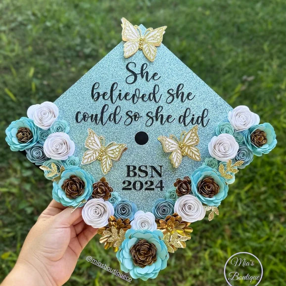 Custom Personalized Graduation Cap Topper Teacher shades & Gold flowers with gold butterflies