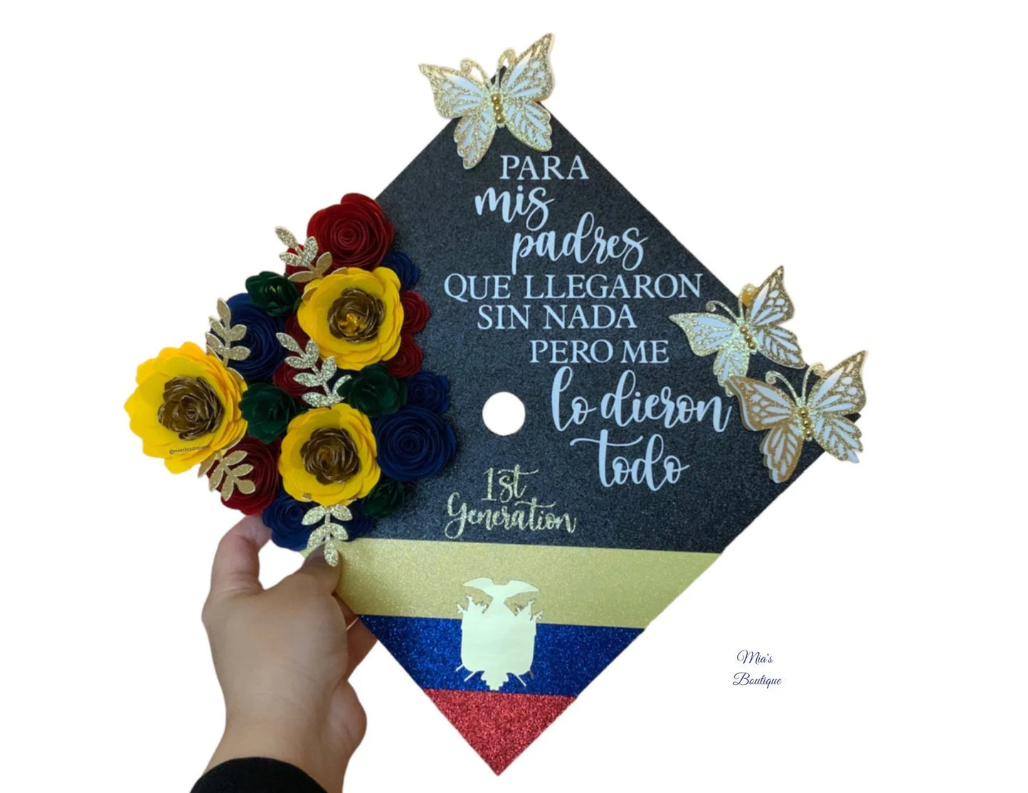 Custom Personalized Ecuador Graduation Cap Topper Floral sunflowers roses and gold butterflies