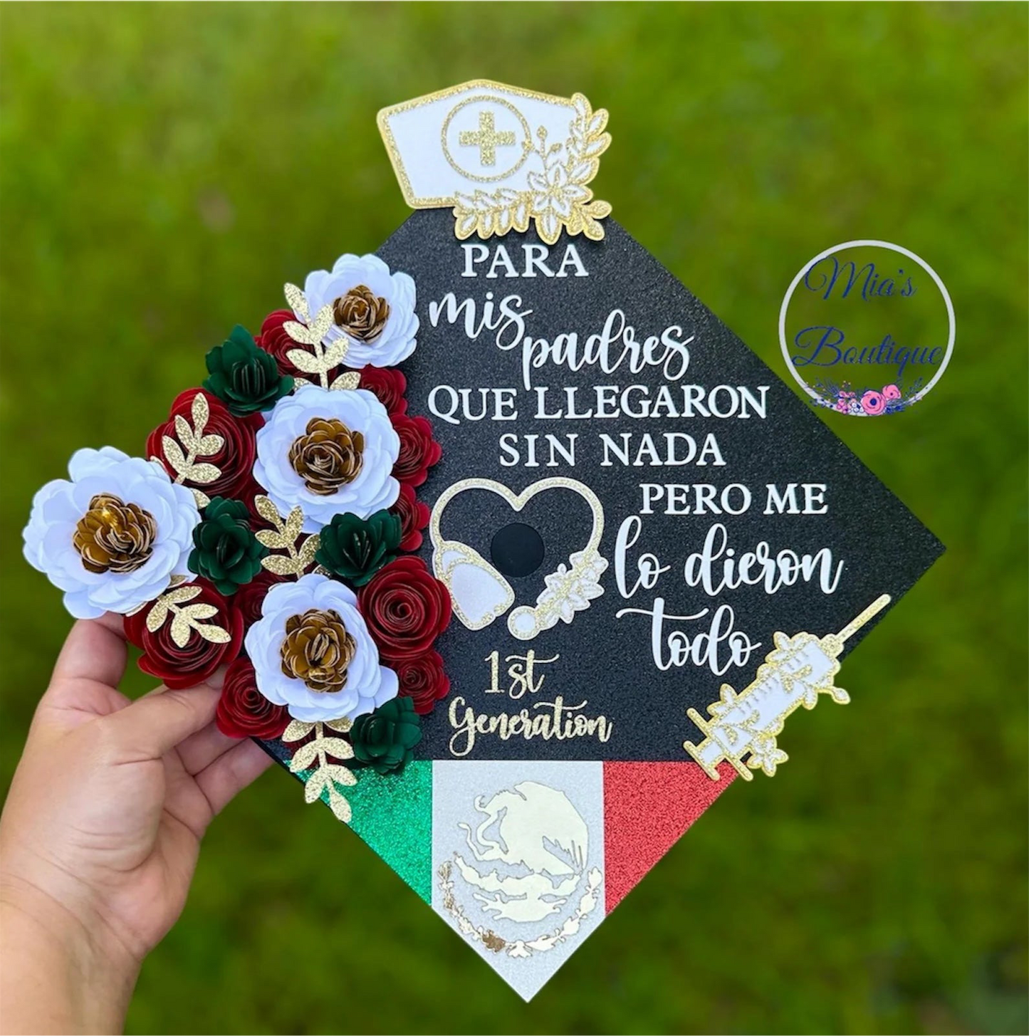 Custom Personalized Mexican Graduation Cap Topper Nurse Floral sunflowers Nurse Hat and Gold Syringe, Para Mis Padres