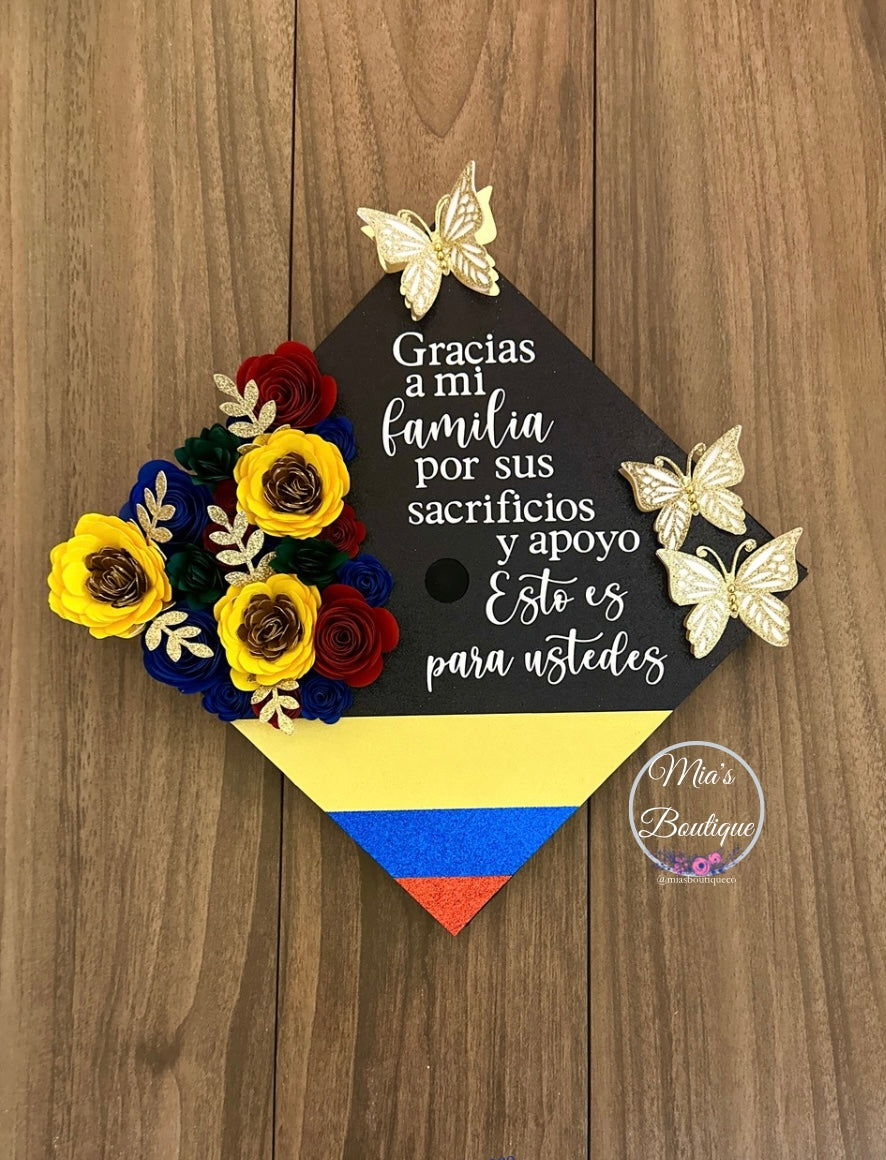 Custom Personalized Colombia Graduation Cap Topper Floral sunflowers roses and gold butterflies Colombian Heritage