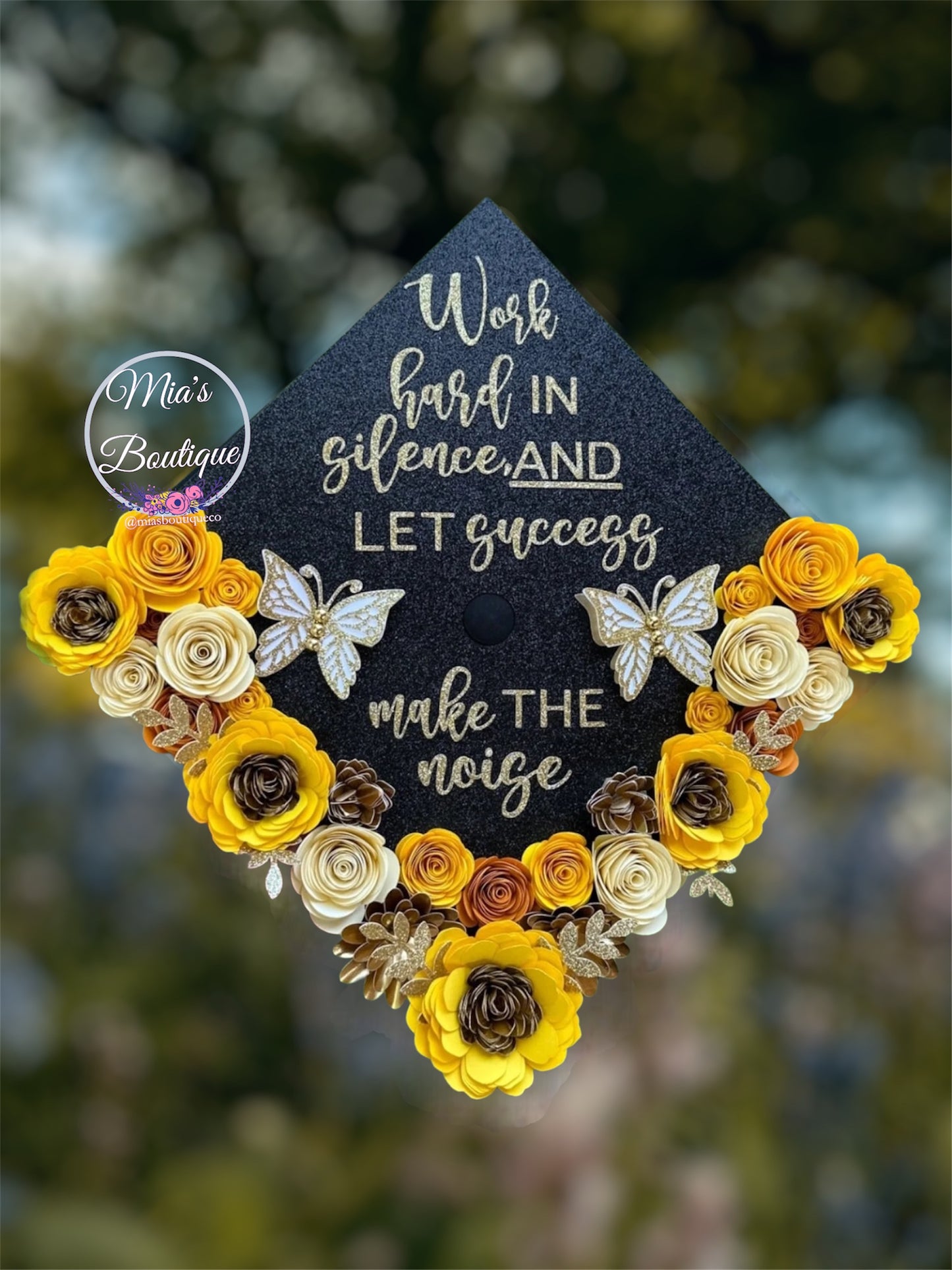 Custom Personalized Graduation Cap Topper Sunflowers Roses flowers with gold butterflies