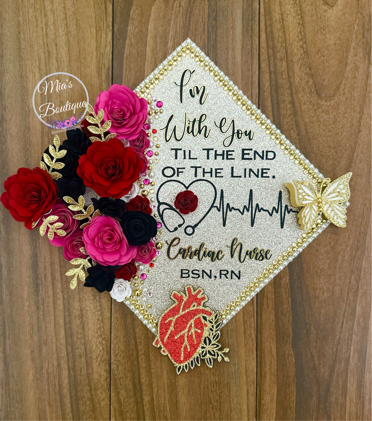 Custom Personalized Nurse Graduation Cap Topper Cardiac Nurse Heart Stethoscope Floral Sunflowers Black Pink White Gold Flowers Gold Butterfly