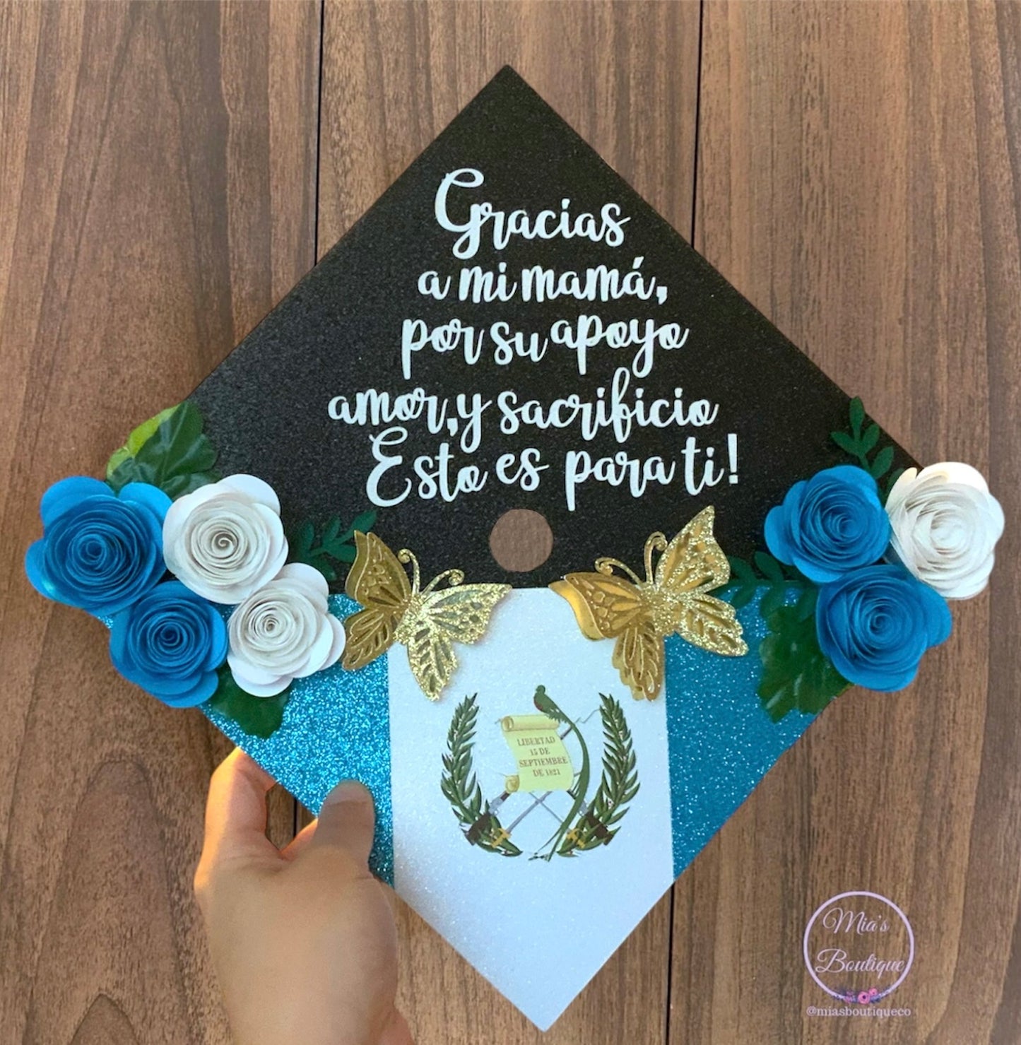 Custom Guatemala Graduation Cap Topper Guatemala Flag Sunflower Roses
Gold Butterflies Para mis Padres