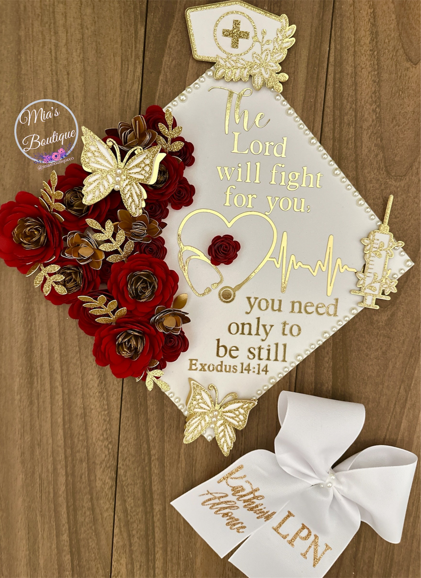 Custom Personalized Graduation Cap Topper Nurse White Floral sunflower Red Nurse Hat and Gold Syringe Gold Butterflies