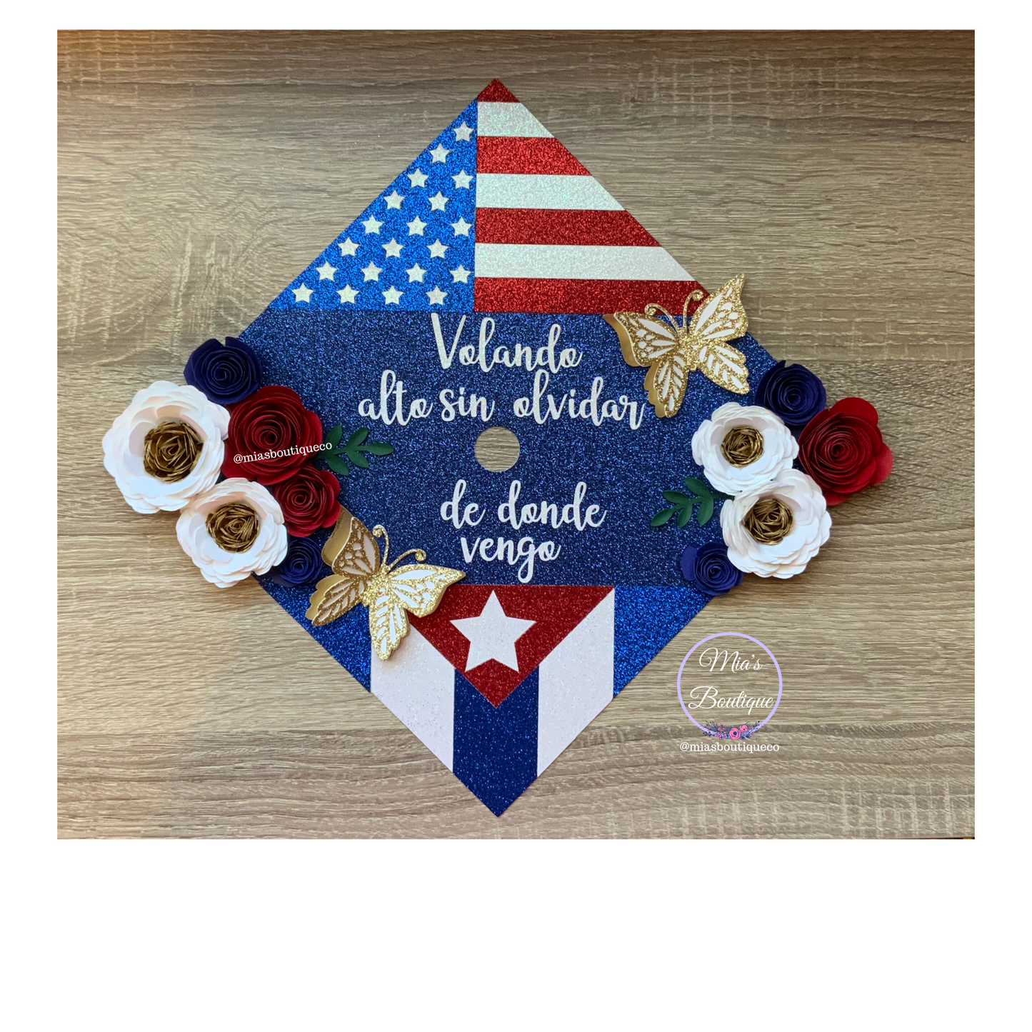 Custom Personalized Cuba Graduation Cap Topper Cuban and USA Flags floral sunflowers Gold butterflies