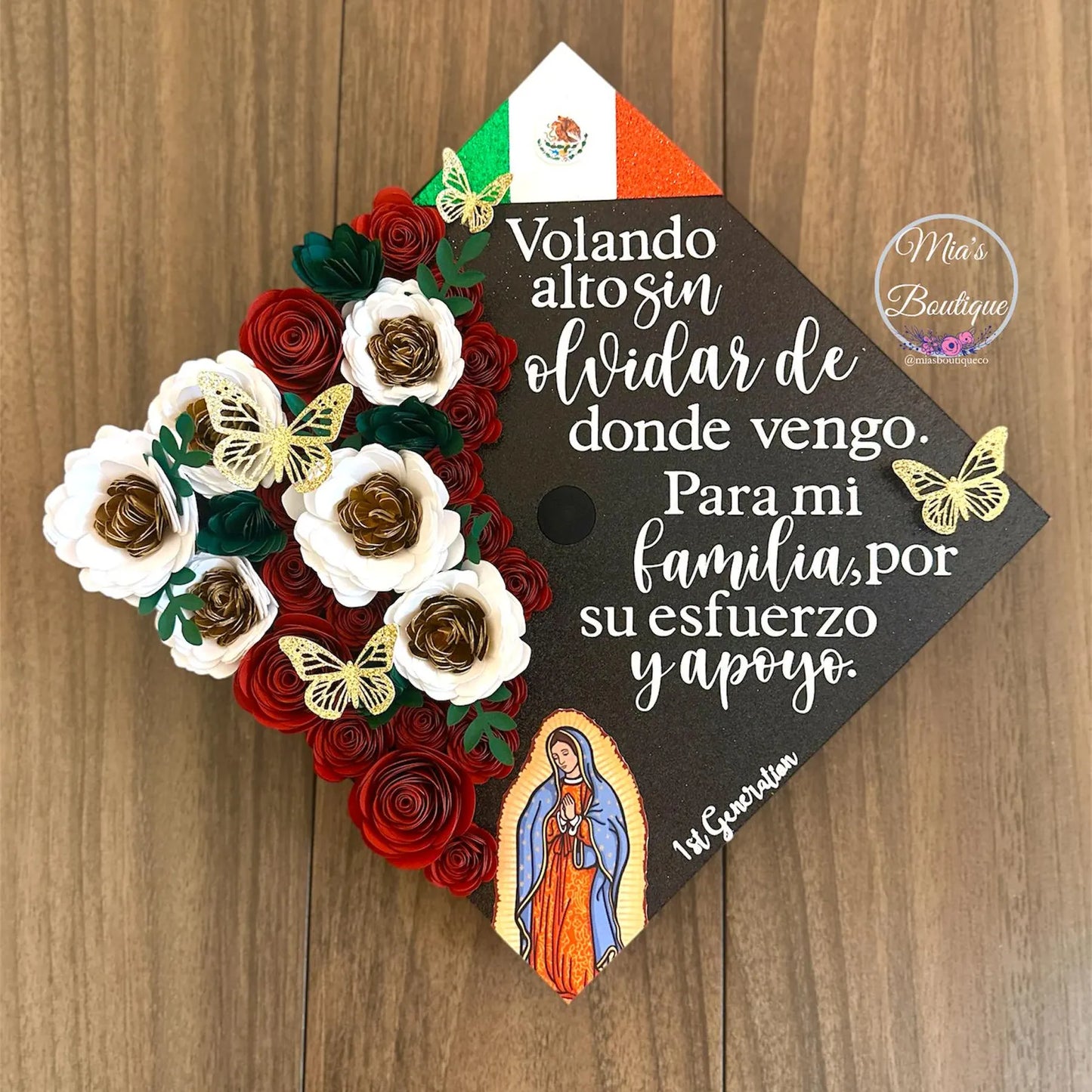 Custom Virgin Mary Lady of Guadalupe Cuando Me Vean
Mexico Graduation Cap Topper Flag Mexican Hispanic Flower
Gold Butterflies Sunflower Roses