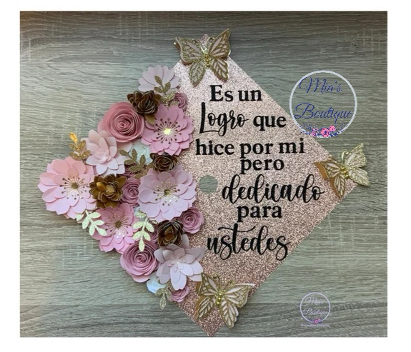 Custom Personalized Graduation cap topper Mexican Pink Floral sunflowers Gold Butterflies