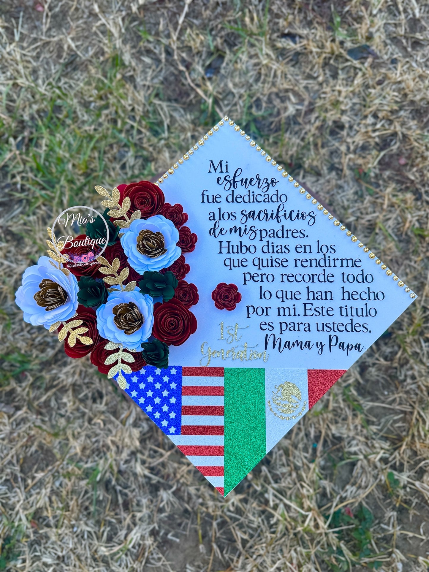 Custom Personalized Mexican Graduation Cap Flowers Sunflowers Roses Mexican Heritage Flag Mexico and USA Graduation Cap Para Mis Padres