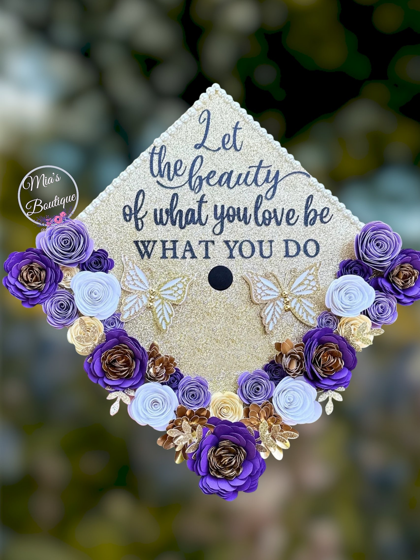 Custom Personalized Graduation Cap Topper Purple shades & Gold flowers with gold butterflies