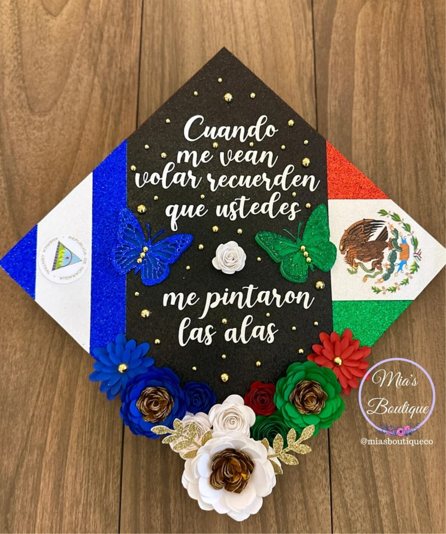 Custom Nicaragua Graduation Cap Topper Nicaraguan Floral Sunflower and gold butterflies