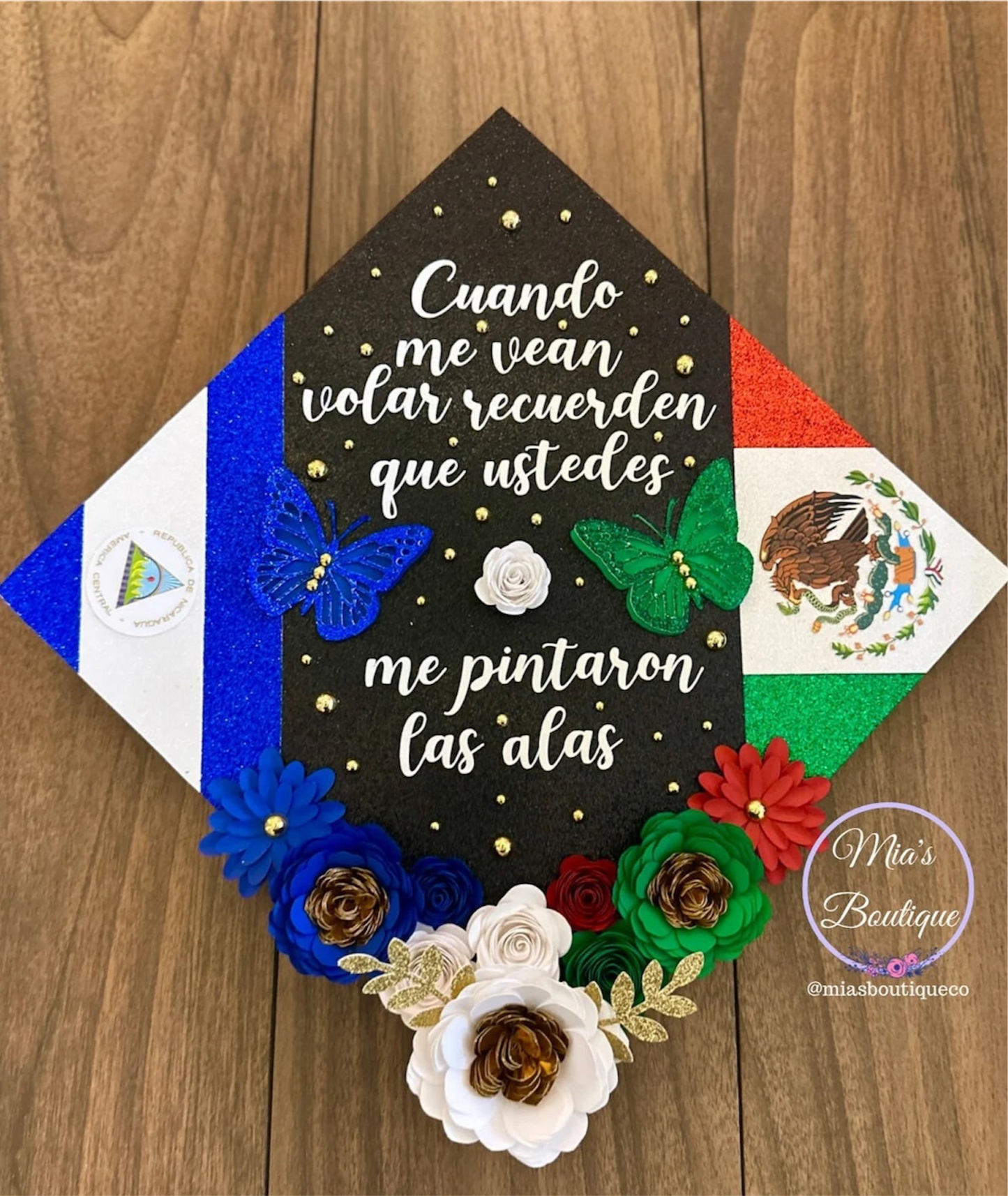 Custom Nicaragua Graduation Cap Topper Nicaraguan Floral Sunflower and gold butterflies