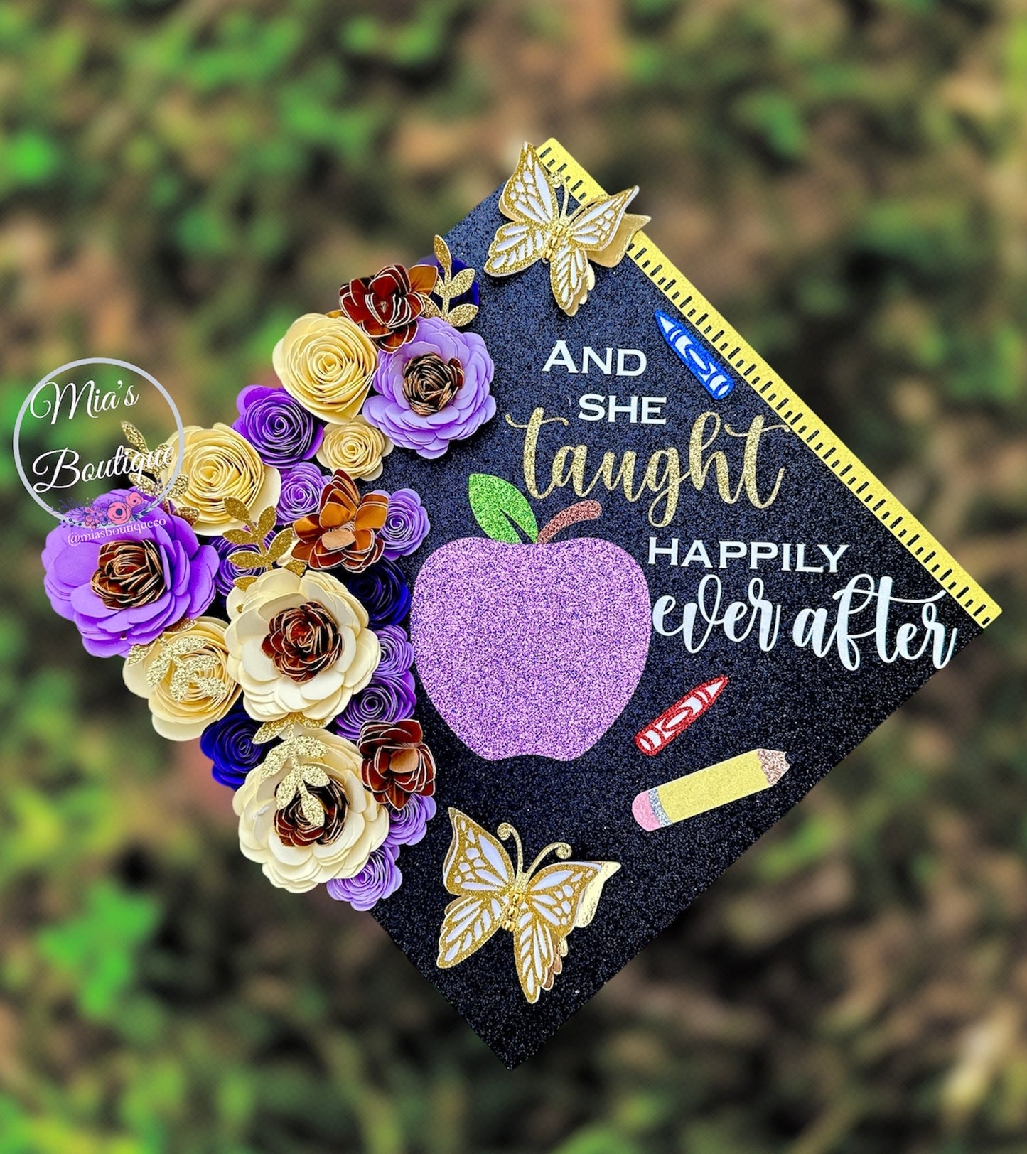 Graduation Cap Topper Teacher Purple, cream flowers