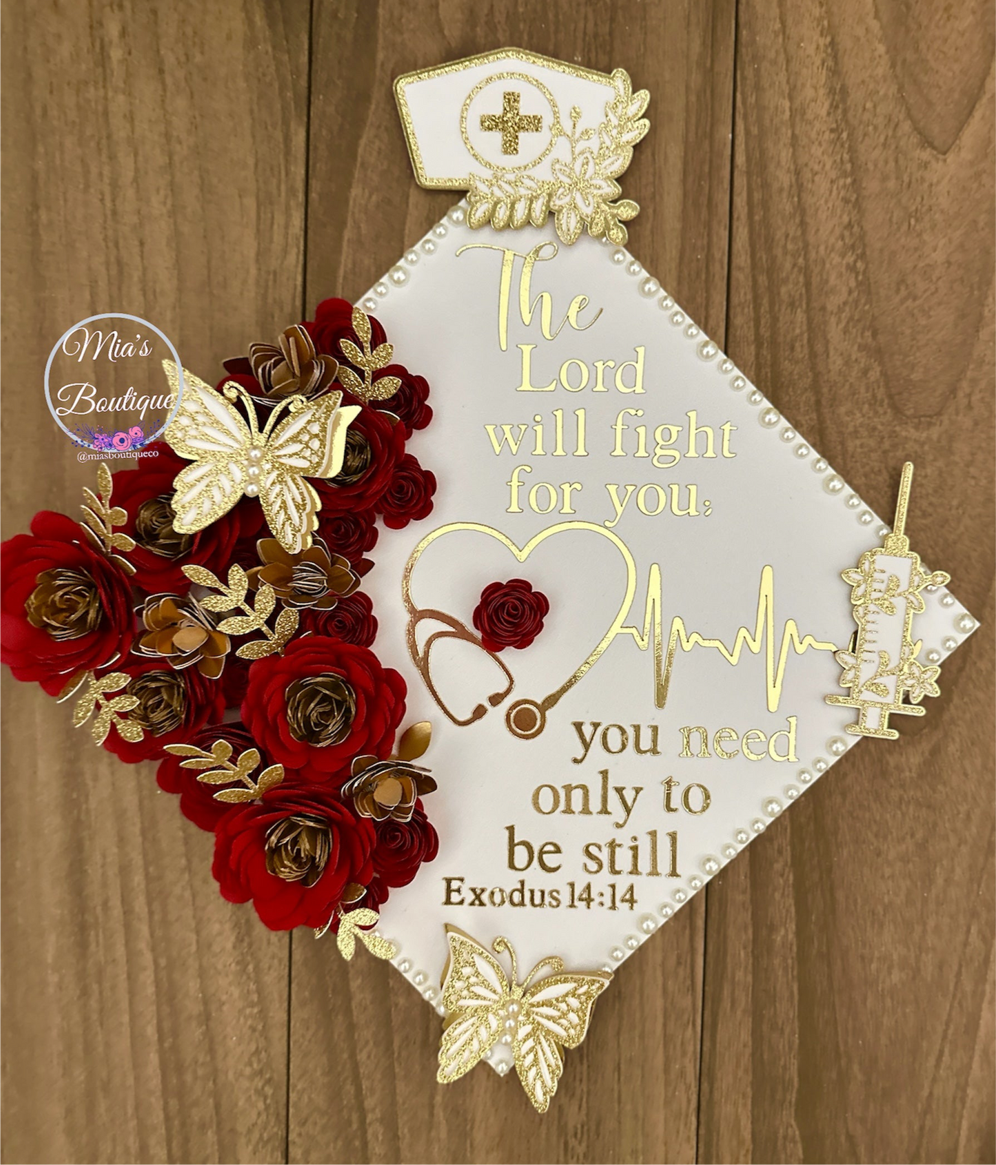 Custom Personalized Graduation Cap Topper Nurse White Floral sunflower Red Nurse Hat and Gold Syringe Gold Butterflies