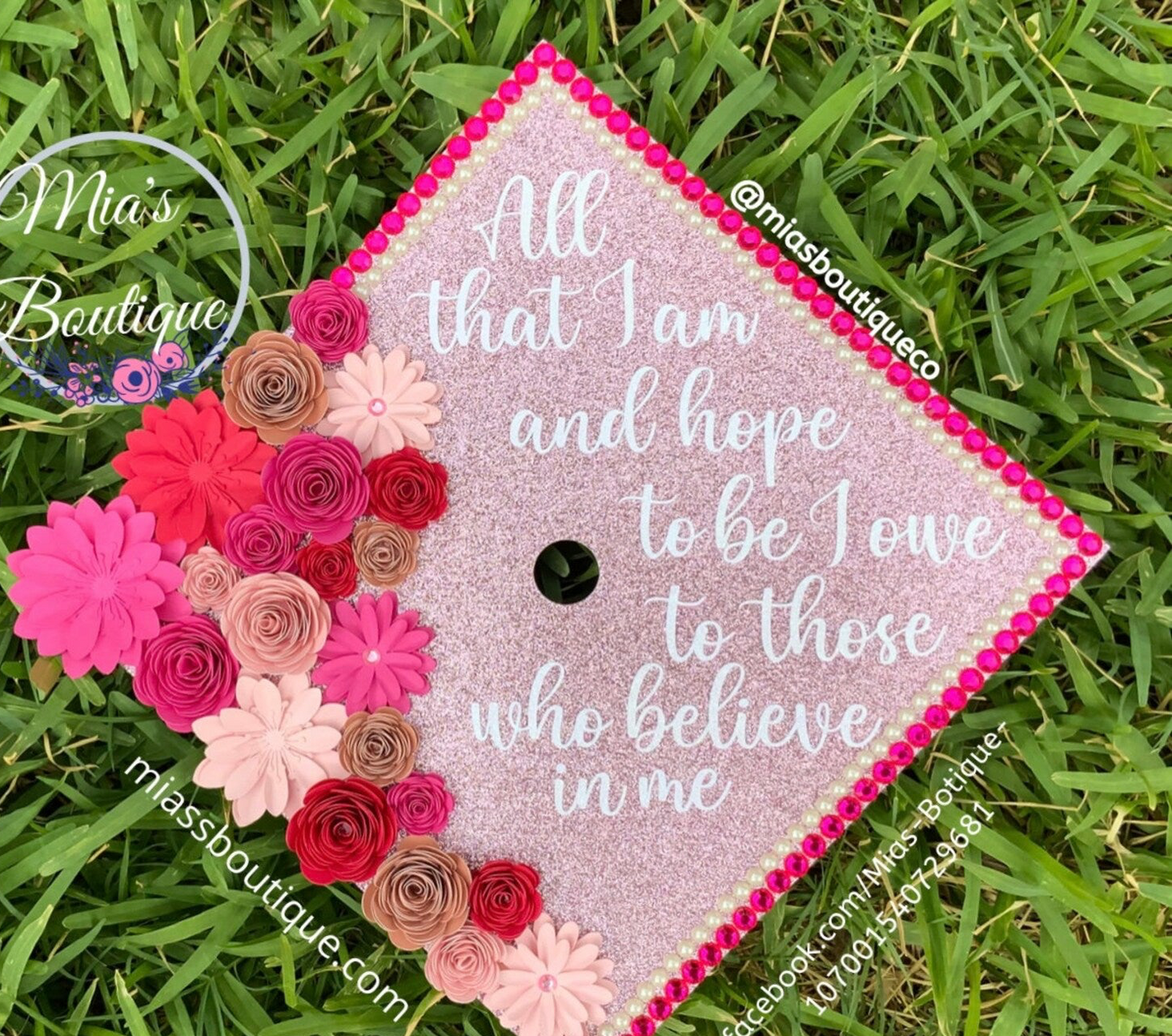 Custom Personalized Graduation Cap Topper Pink shades & Gold flowers with gold butterflies