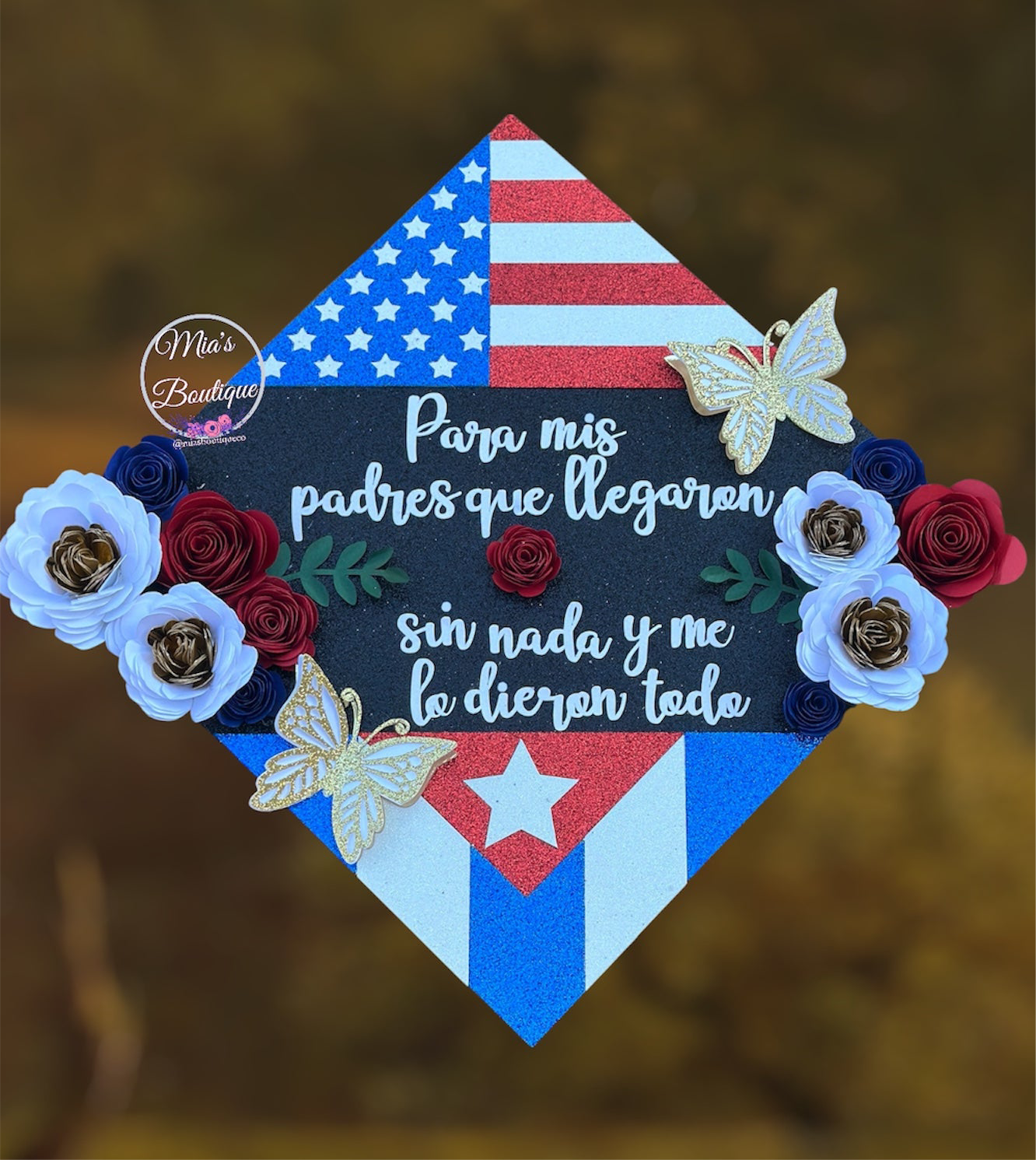 Custom Personalized Cuba Graduation Cap Topper Cuban Flag floral sunflowers Gold butterflies