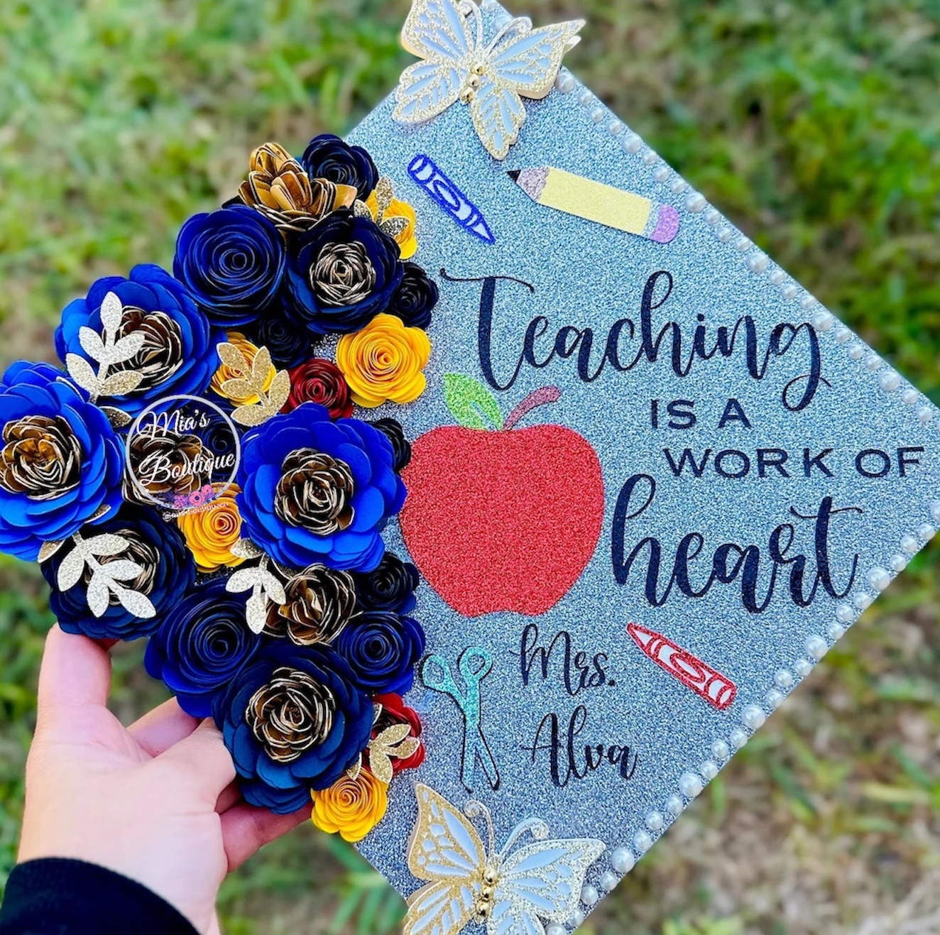 Custom Personalized Graduation Cap Topper Teacher Blue shades & Gold flowers with gold butterflies