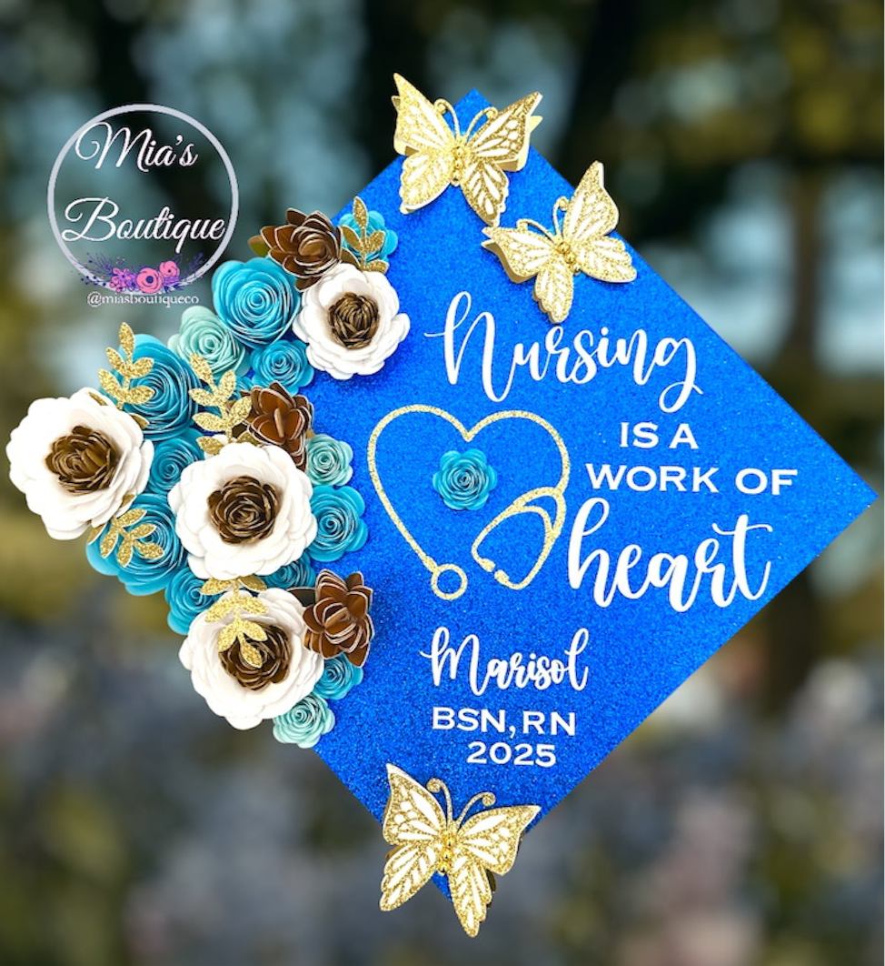 Custom Personalized Nurse Graduation Cap Topper Blue Heart Stethoscope with Nursing Is A Work Of Heart Message and Floral Sunflowers Blue White Gold Flowers Gold Butterfly