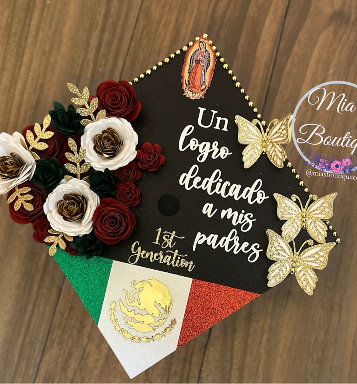 Custom Personalized Mexico Graduation Cap topper with Floral sunflowers butterflies Para Mis Padres Mexican Heritage Graduation Cap