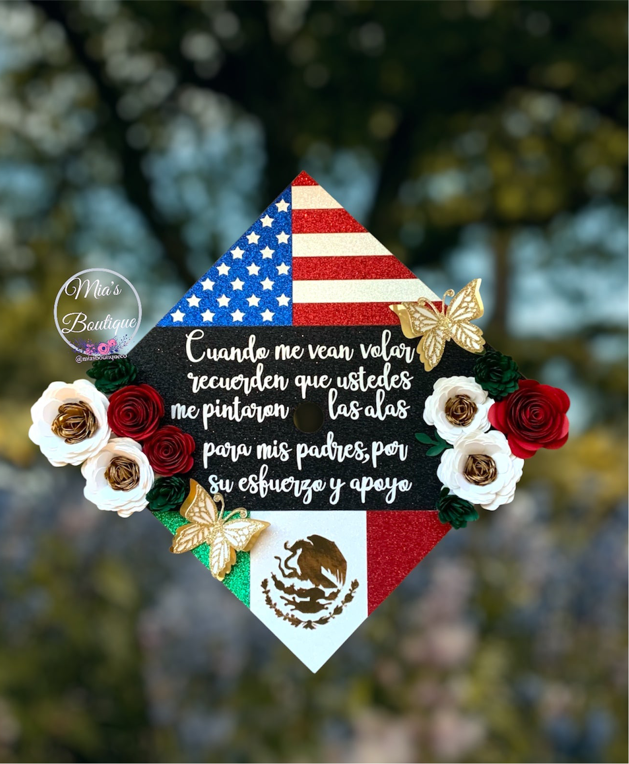 Custom Mexico Graduation Cap with Floral Sunflower Para Mis Padres Mexican Heritage Graduation Cap