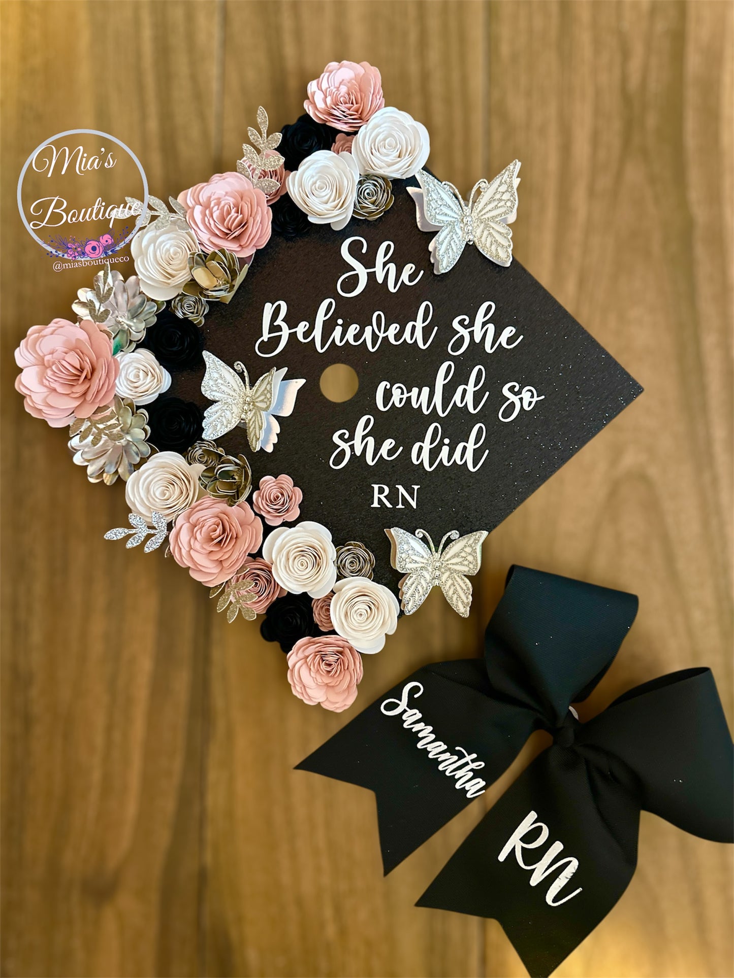 Custom Personalized Graduation Cap Topper, Pink, white, silver flowers butterflies