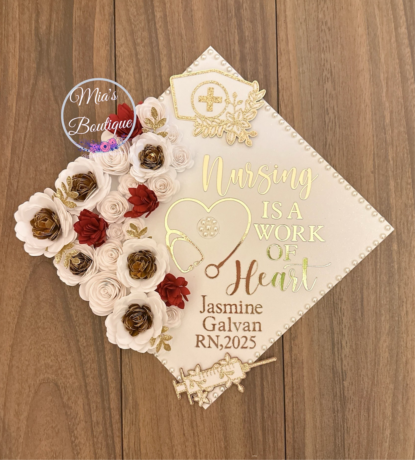 Custom Personalized Nurse Graduation Cap Topper Heart Stethoscope with Nursing Is A Work Of Heart Message and Floral Sunflowers White Red Gold Flowers Gold Butterfly