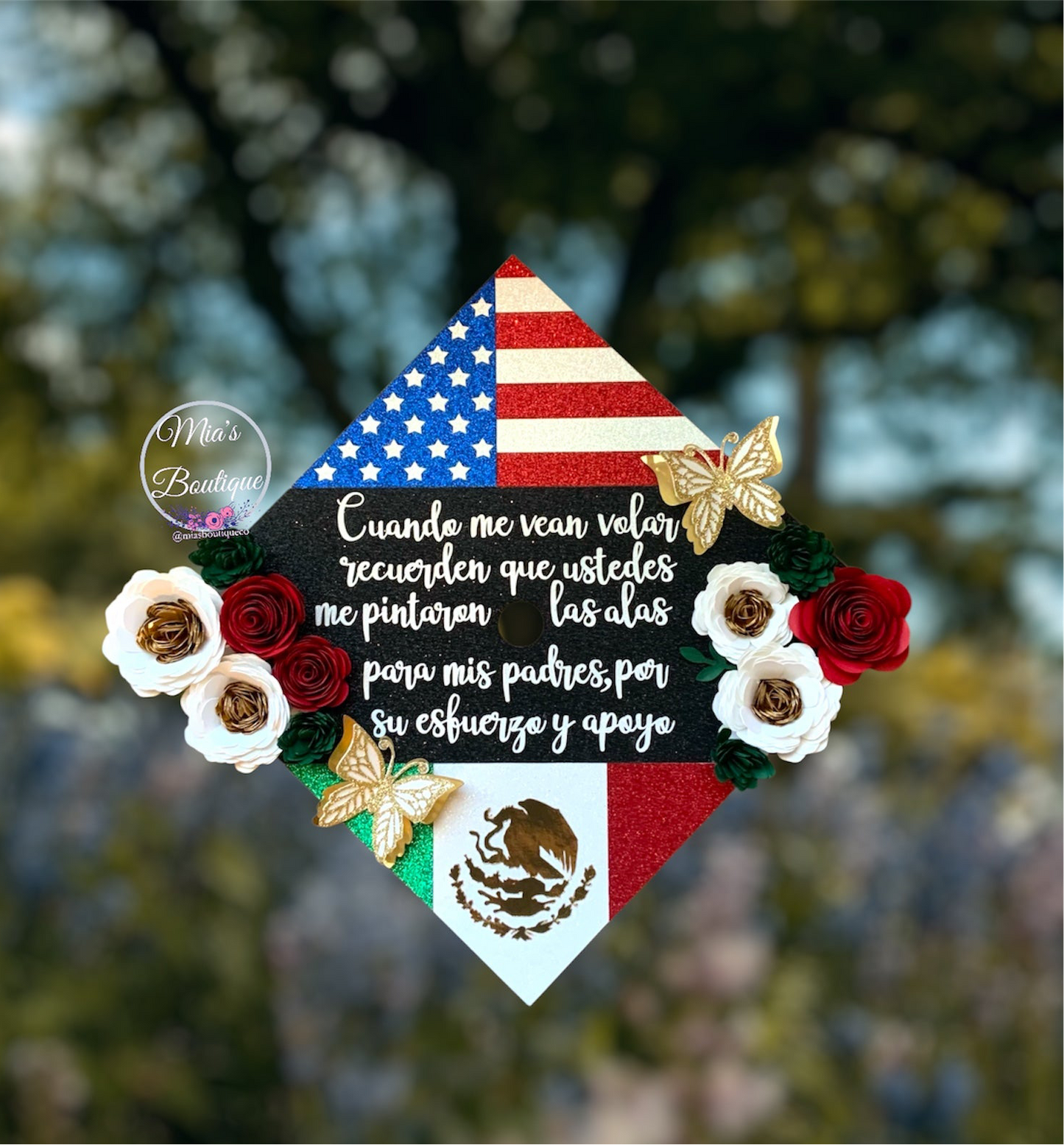 Custom Mexico Graduation Cap with Floral Sunflower Para Mis Padres Mexican Heritage Graduation Cap