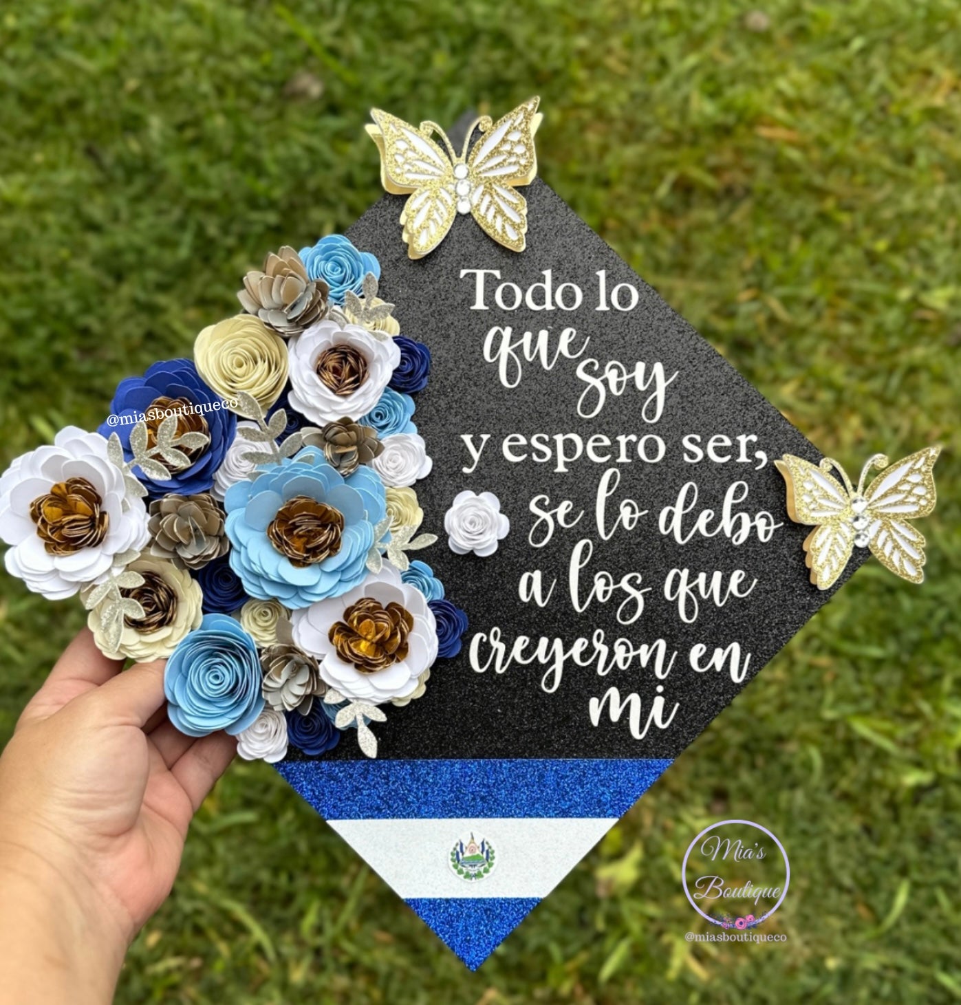 Custom Personalized El Salvador Graduation Cap Topper Salvador Flag Floral sunflower gold butterflies Para Mis Padres