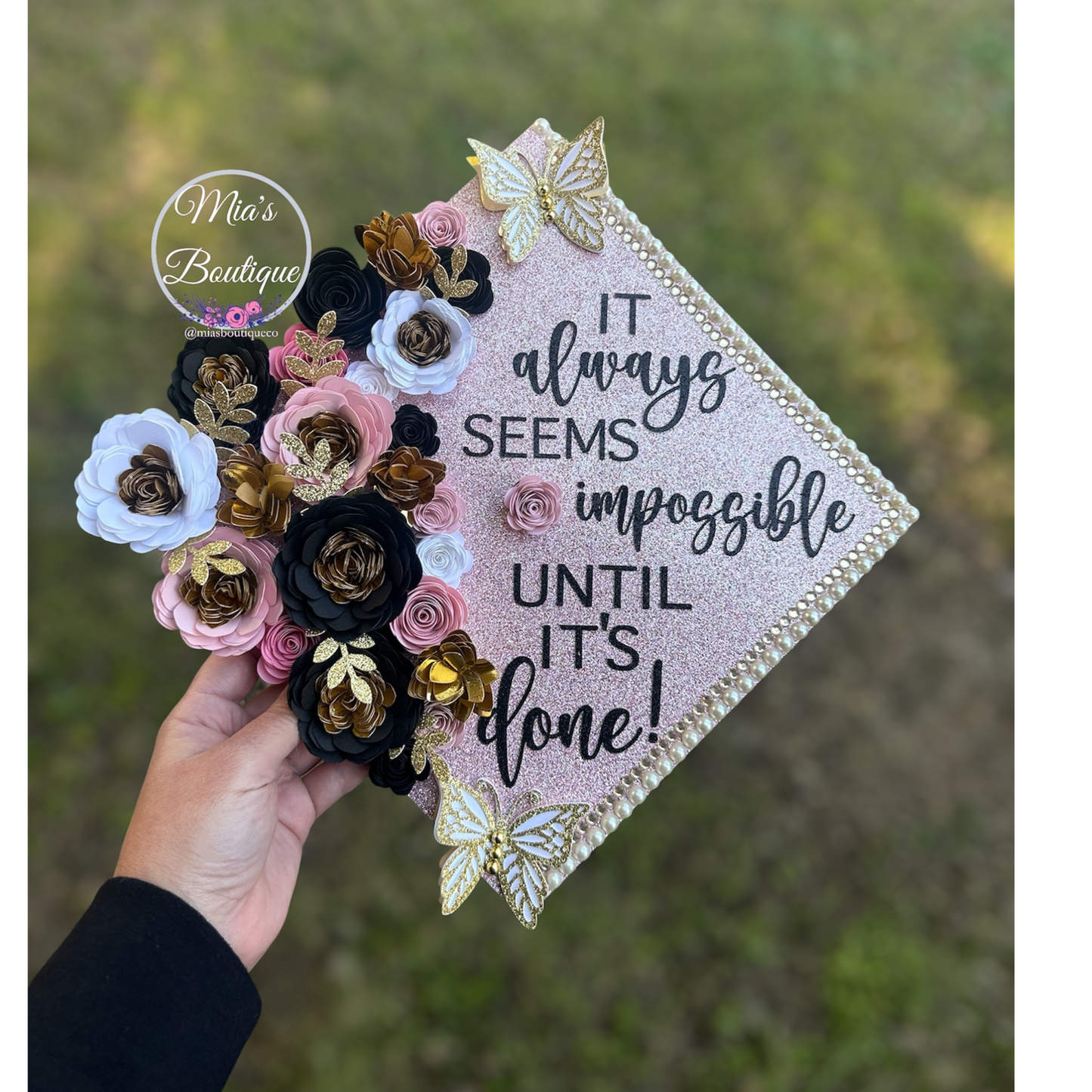 Custom Personalized Graduation Cap Topper White, Black, Pink & Gold flowers with gold butterflies