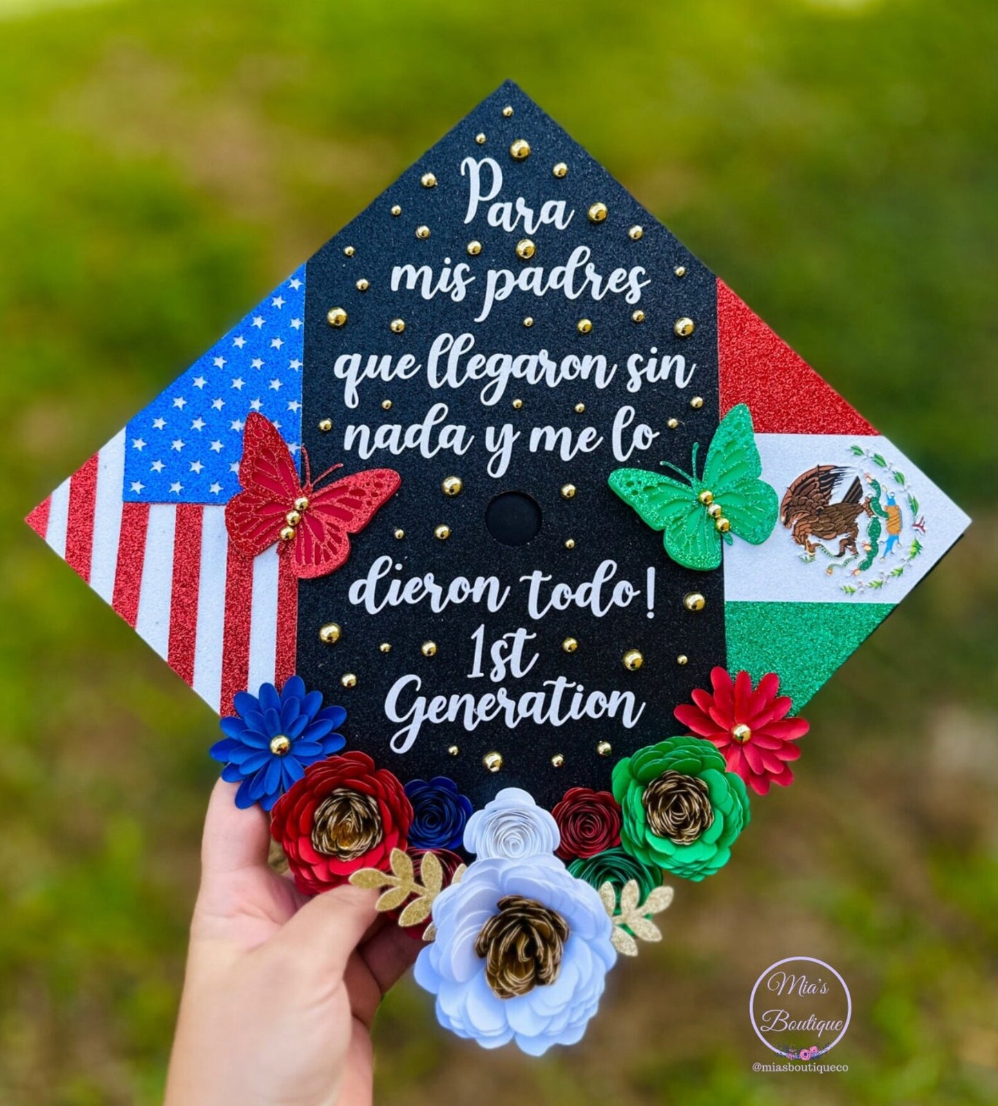 Custom Mexico Graduation Cap Para Mis Padres Flag Flower Roses Sunflowers Butterfly Mexican American Heritage