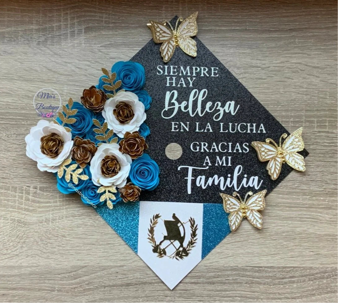 Custom Personalized Graduation Cap Topper Guatemala with Floral sunflowers gold butterflies and Para mis Padres message