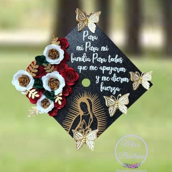 Custom Virgin Mary Lady of Guadalupe Para Mis Padres Floral
Mexico Graduation Cap Topper Flag Mexican Hispanic Flower
Gold Butterflies Sunflower Roses
