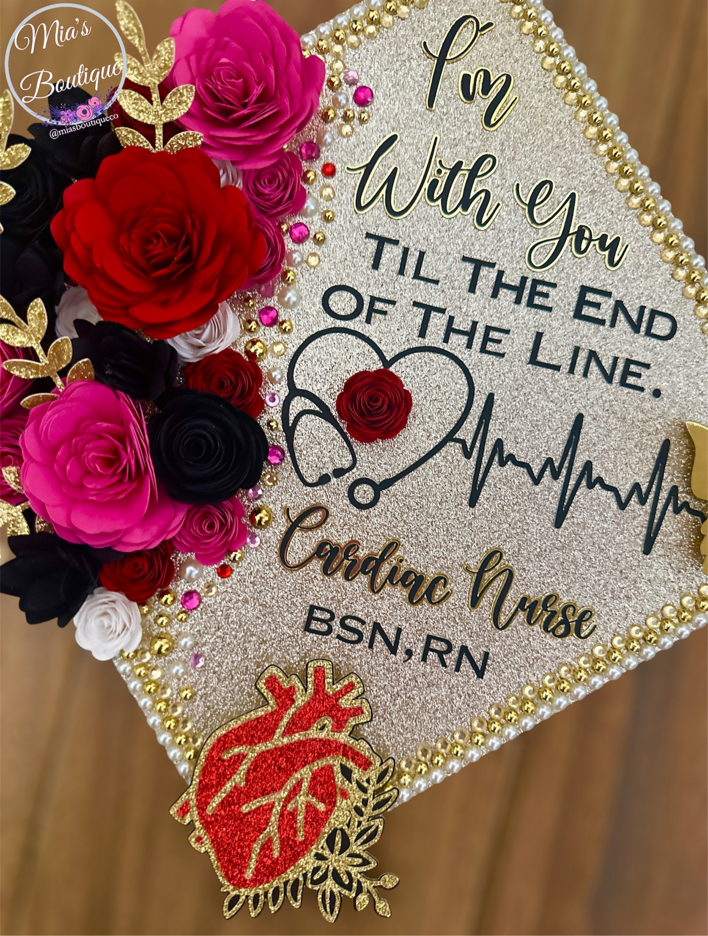 Custom Personalized Nurse Graduation Cap Topper Cardiac Nurse Heart Stethoscope Floral Sunflowers Black Pink White Gold Flowers Gold Butterfly