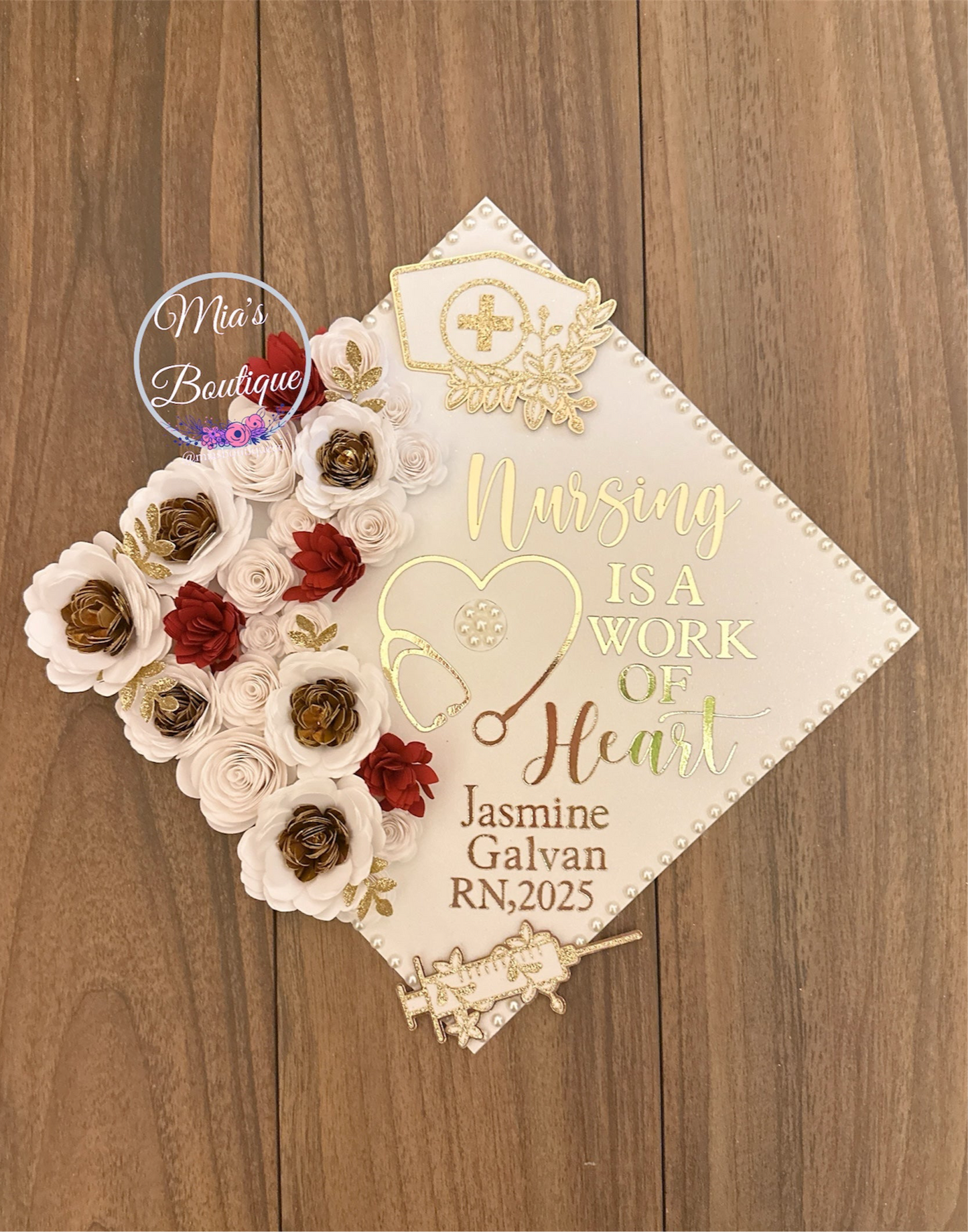 Custom Personalized Nurse Graduation Cap Topper Heart Stethoscope with Nursing Is A Work Of Heart Message and Floral Sunflowers White Red Gold Flowers Gold Butterfly