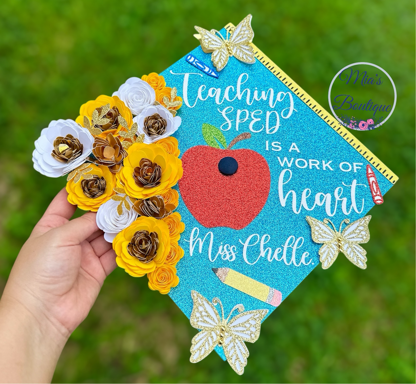 Graduation Cap Topper Teacher yellow white flowers