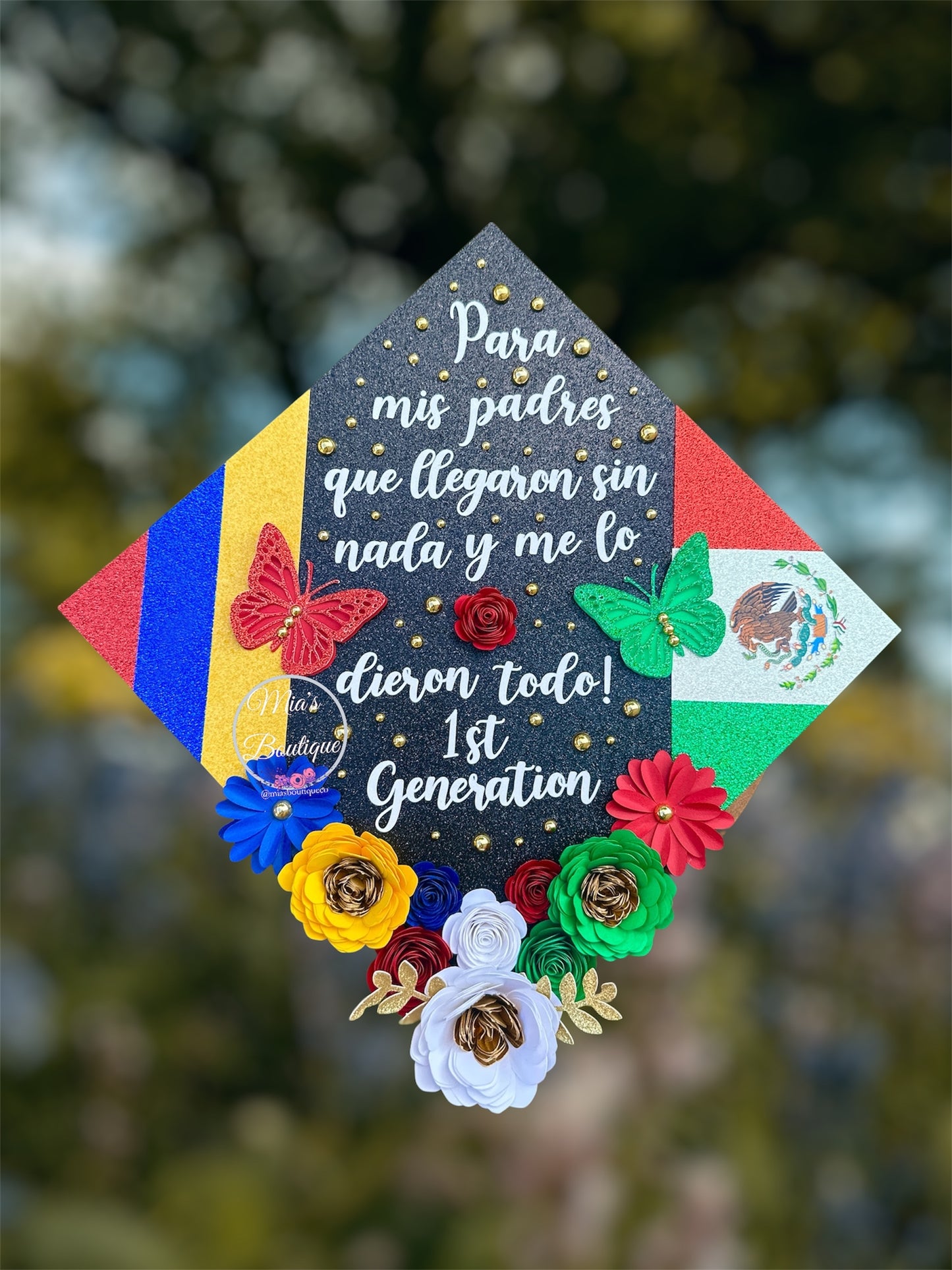 Custom Colombia and Mexican Graduation Cap Topper Floral Sunflower Colombia Flag Hispanic Para Mis Padres
