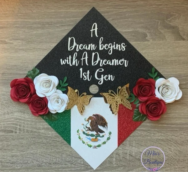 Custom Personalized Graduation Cap Topper Mexican Flag Floral sunflowers gold butterflies