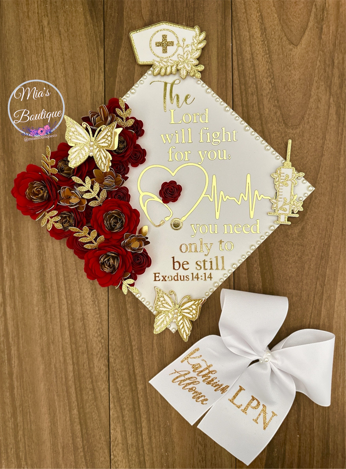 Custom Personalized Graduation Cap Topper Nurse White Floral sunflower Red Nurse Hat and Gold Syringe Gold Butterflies