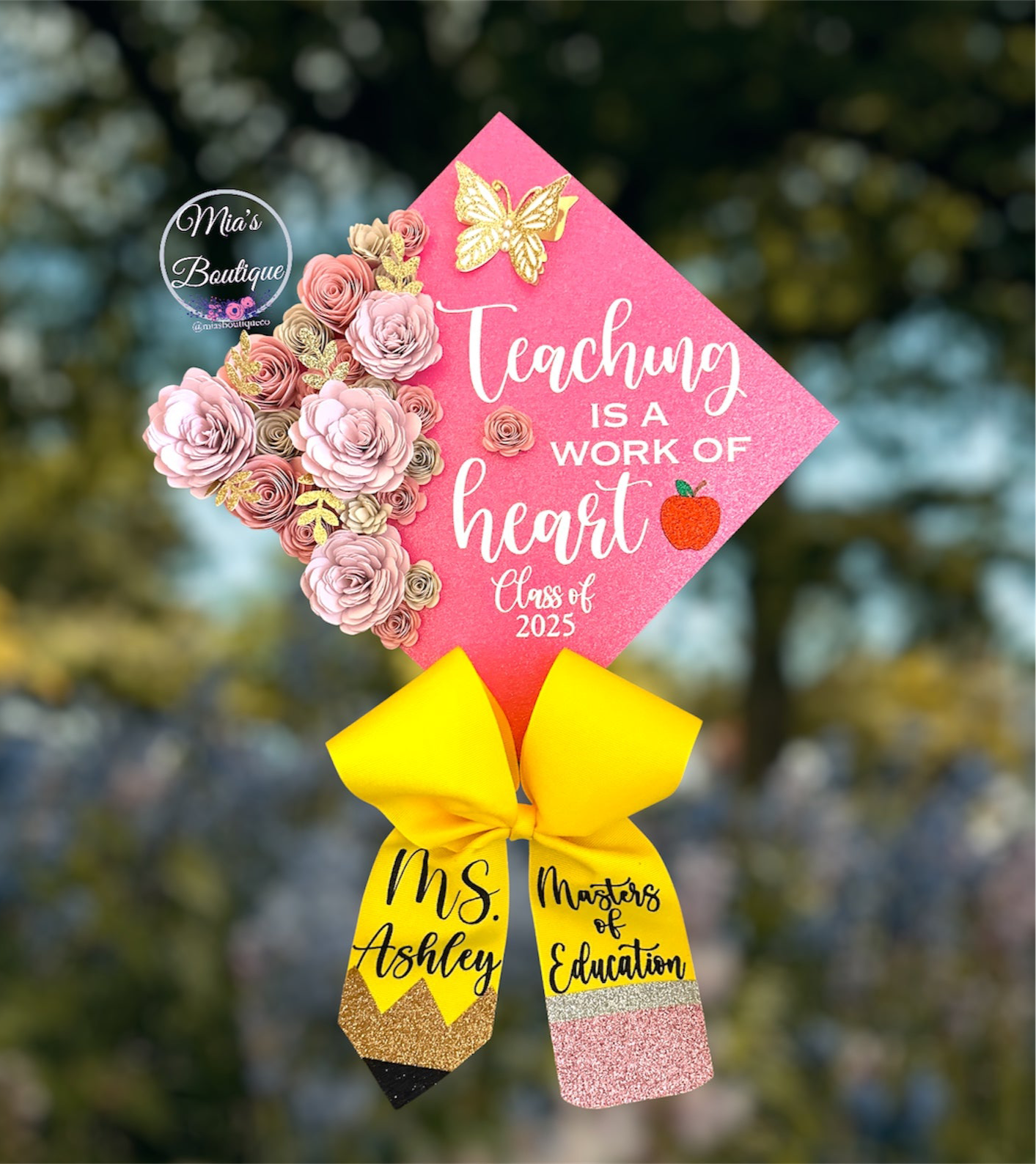 Custom Graduation Cap Topper Teacher Teaching is a work of heart Floral Pink Sunflower Gold Butterflies School Hair Bow Pencil