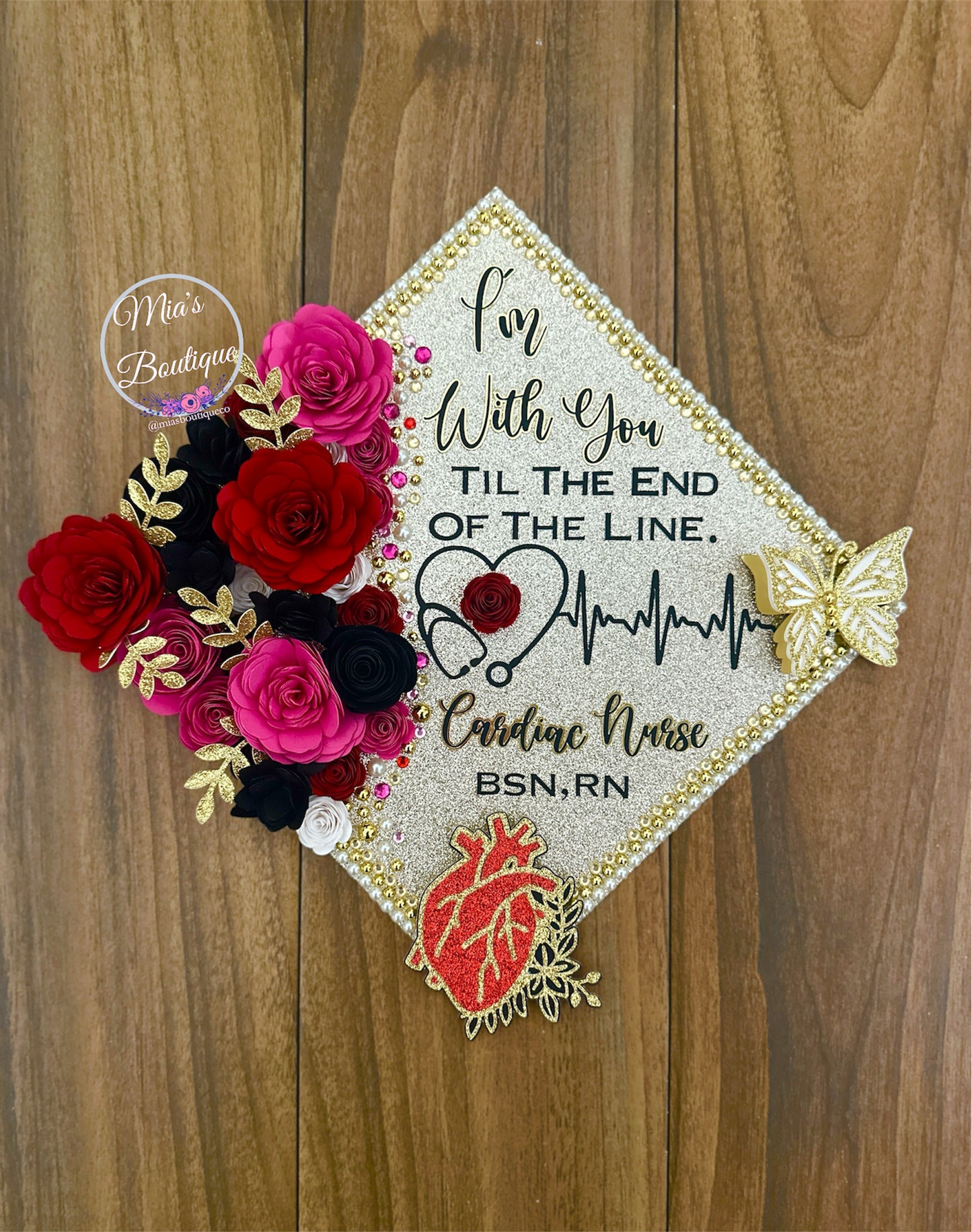Custom Personalized Nurse Graduation Cap Topper Cardiac Nurse Heart Stethoscope Floral Sunflowers Black Pink White Gold Flowers Gold Butterfly