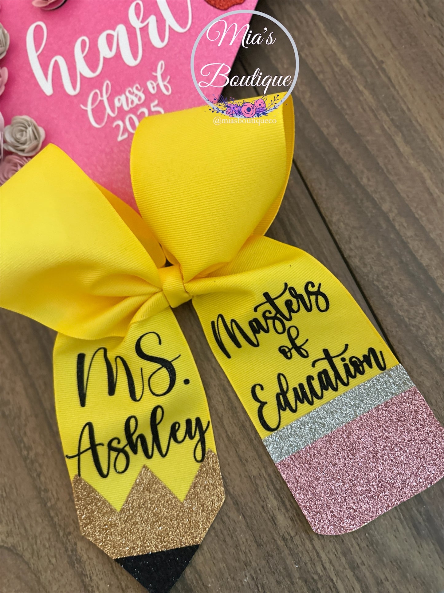 Custom Graduation Cap Topper Teacher Teaching is a work of heart Floral Pink Sunflower Gold Butterflies School Hair Bow Pencil