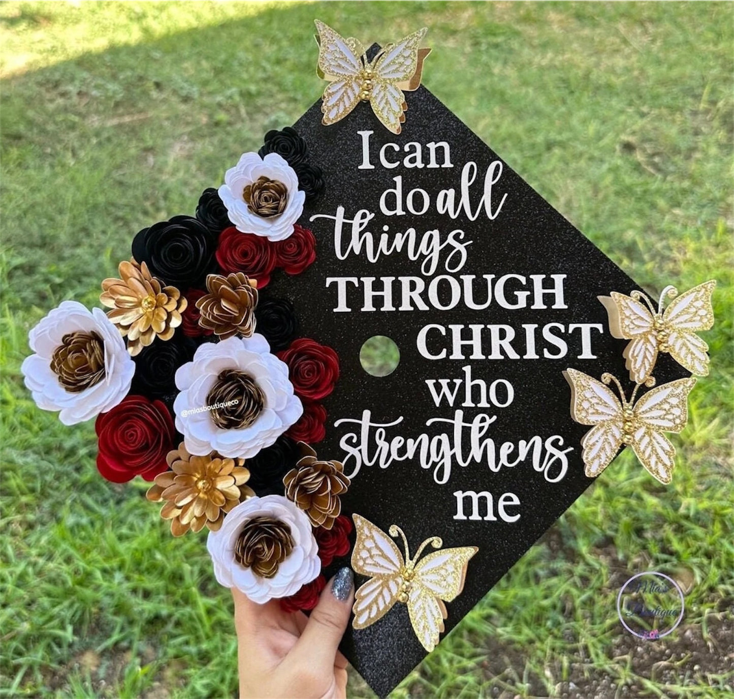 Custom Personalized Graduation Cap Topper White, Red & Gold flowers with gold butterflies