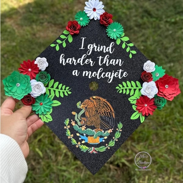 Personalized Mexican Graduation cap topper Mexico Flag with Floral sunflowers