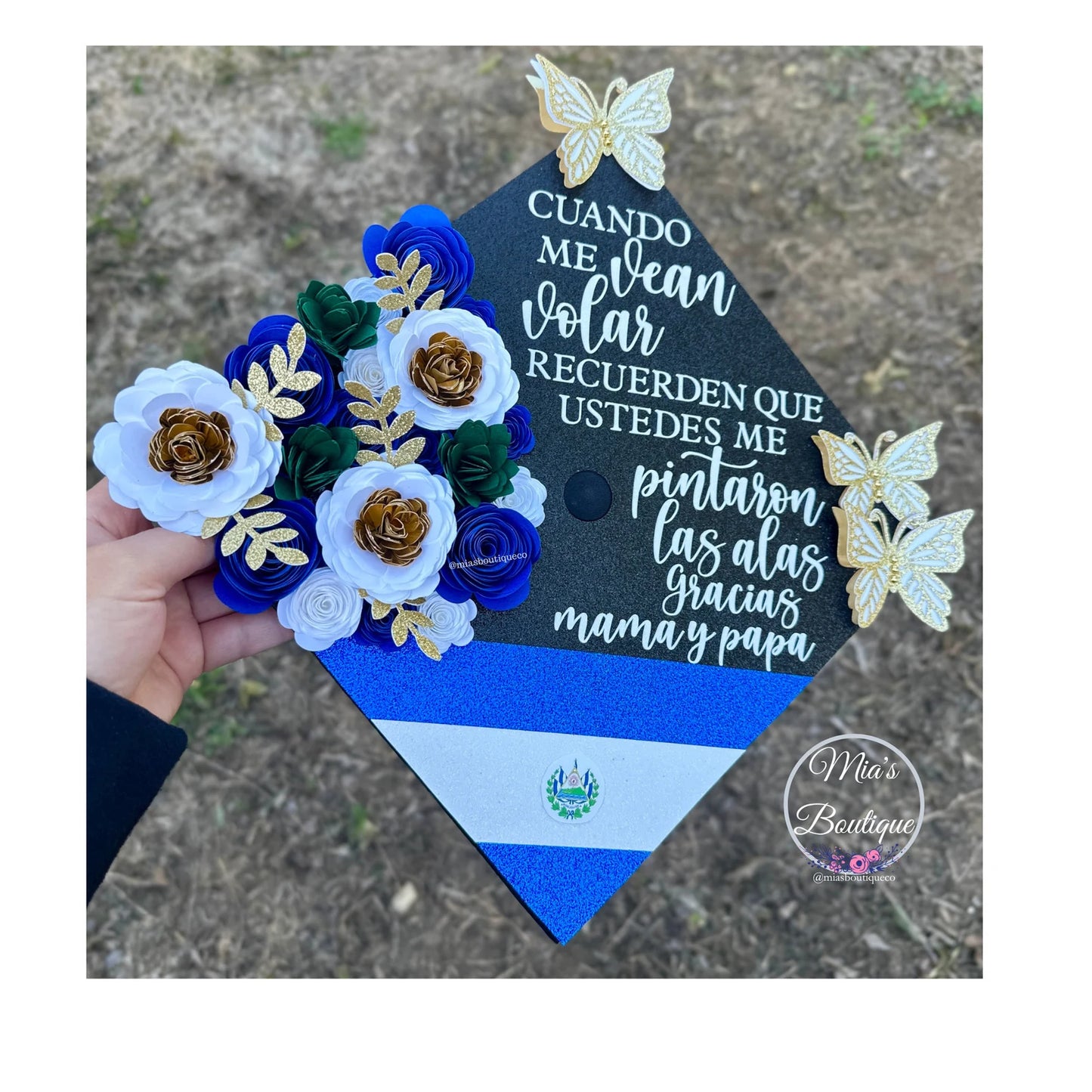Custom Personalized El Salvador Graduation Cap Topper Salvador Flag Floral sunflower gold butterflies Para Mis Padres